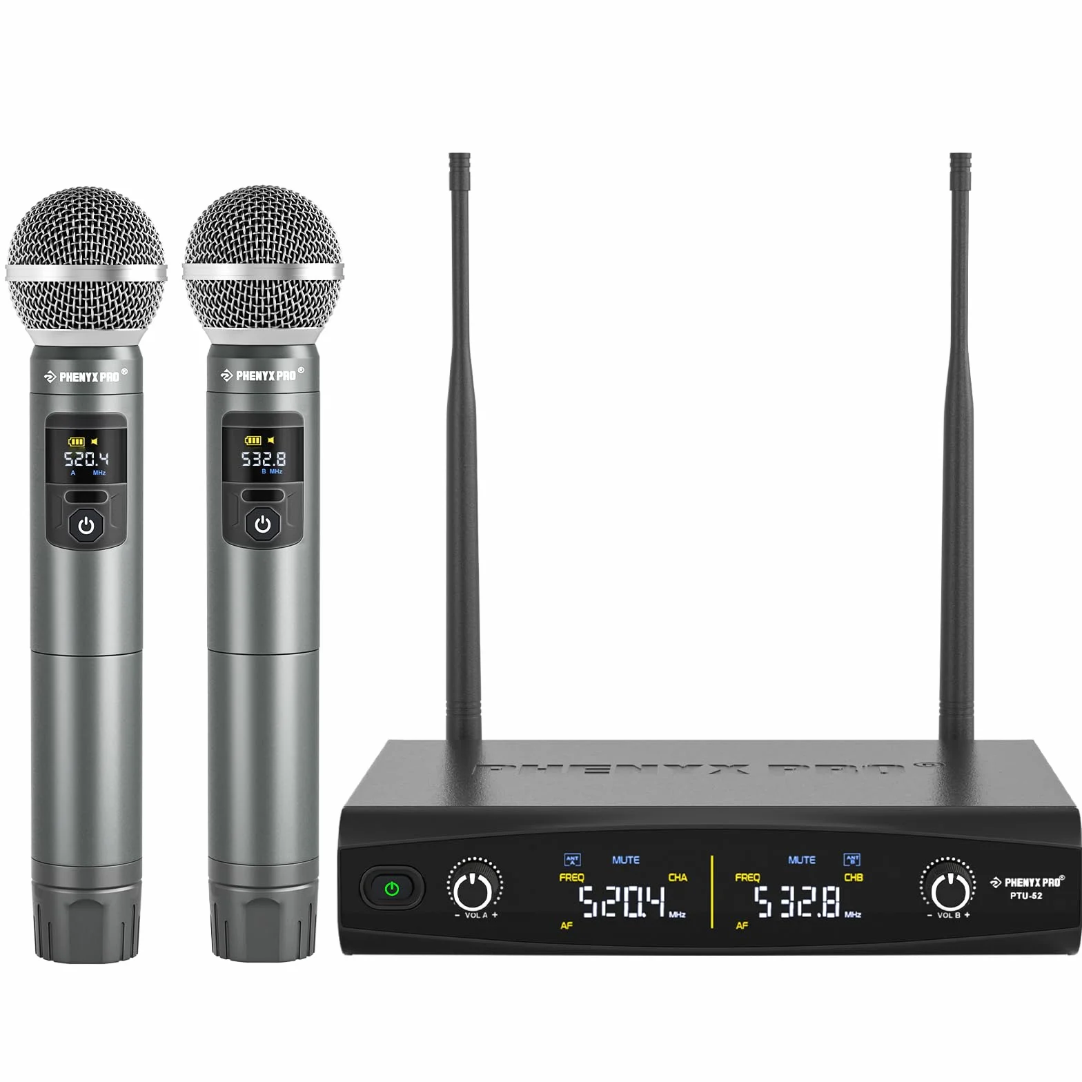 Phenyx Pro Sistema de Micrófono Inalámbrico de Metal, Micrófonos Dinámicos Inalámbricos de Mano para Canto, Karaoke, 2x30 Frecuencias Sintonizables UHF, Alcance de 200 pies (PTU-52-2H)