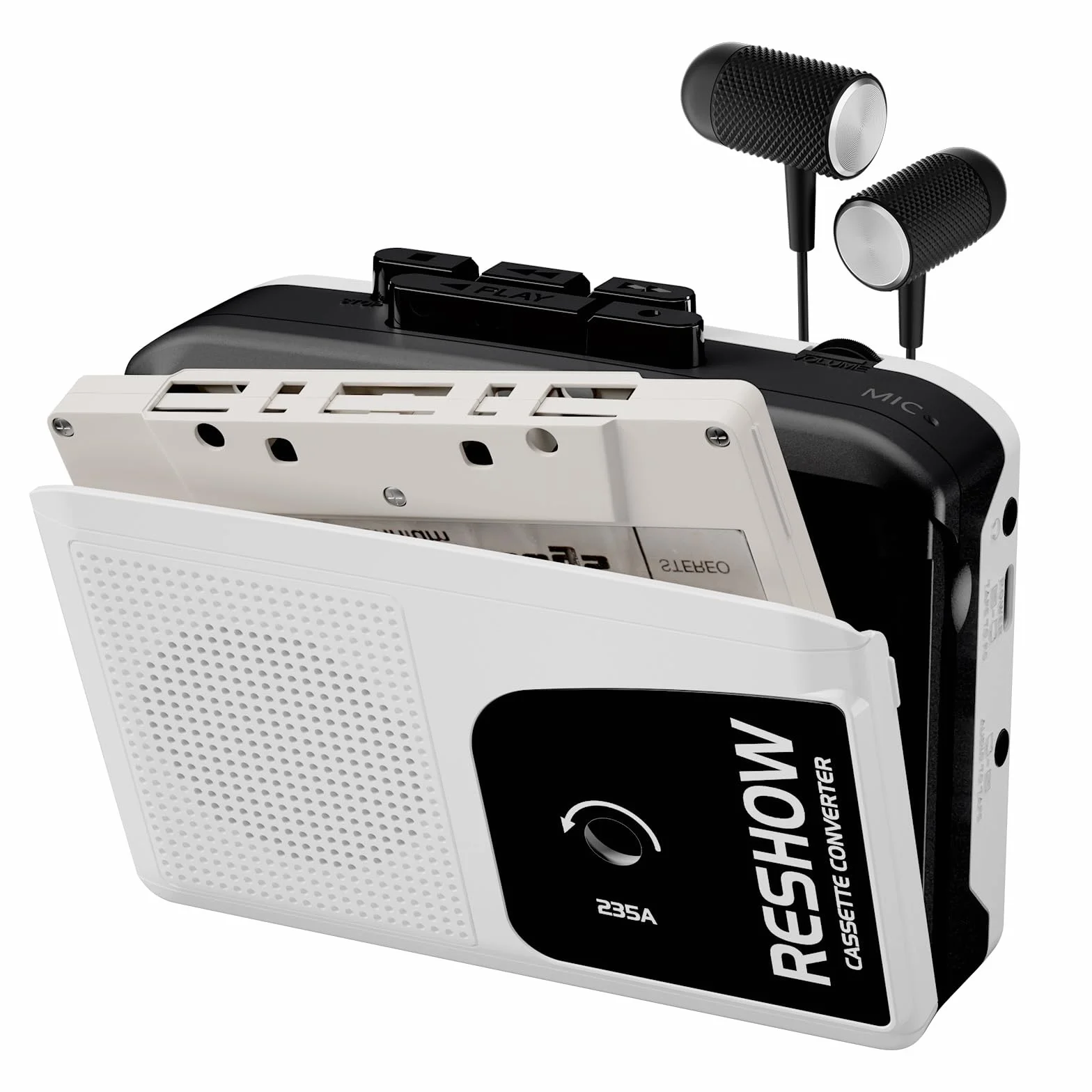 Reshow Grabadora de casete portátil USB a MP3, grabación inversa, micrófono integrado, altavoz, auriculares (blanco)