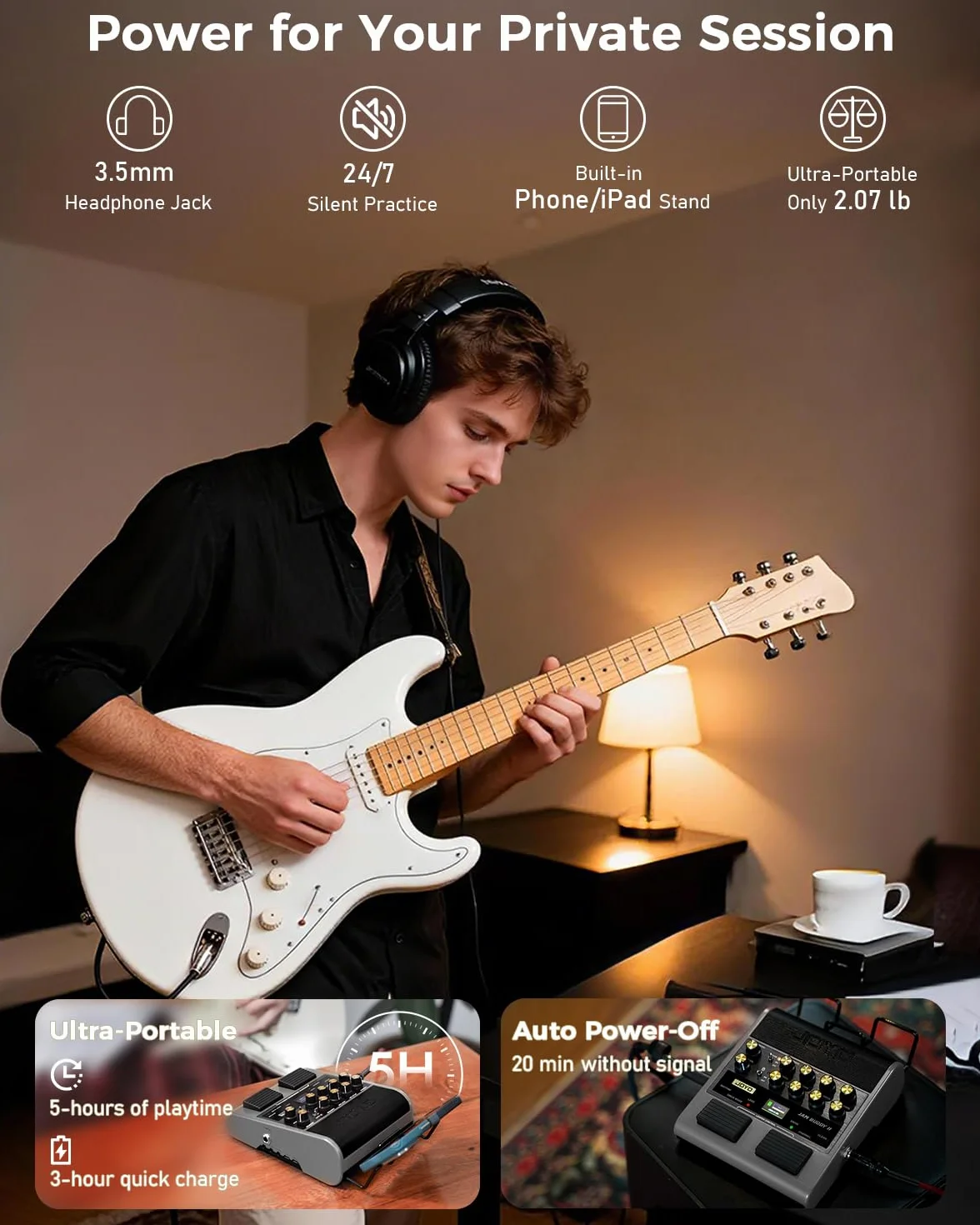 JOYO - Amplificador combinado de guitarra de 10 W portátil con pedal multiefectos – 14 modelos de amplificador, 3 bandas, 36 ritmos & Looper, grabación OTG, Bluetooth (Jam Buddy II, Gris)