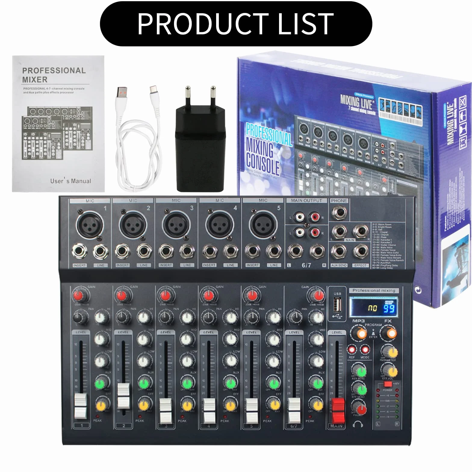 M7 - Mezcladores de grabación sin alimentación de 5 V con 99DSP, MP3, USB, DJ, Bluetooth, consola mezcladora de audio de 48 V, tablas de mezcla de bandas de 7 canales para grabación de estudio