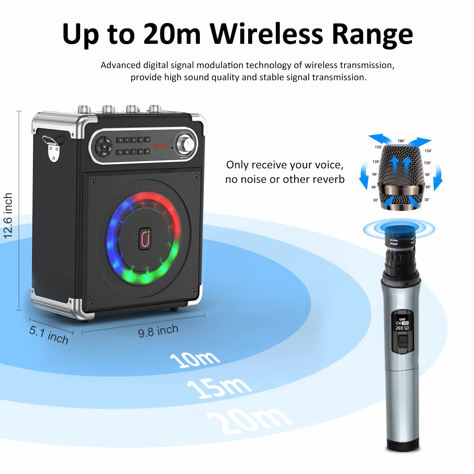Altavoz Bluetooth, altavoz inalámbrico portátil, caja de música con luces LED de colores mixtos y 2 micrófonos, fuerte con graves potentes, compatible con tarjeta USB/TF/AUX/FM/Rec para fiestas