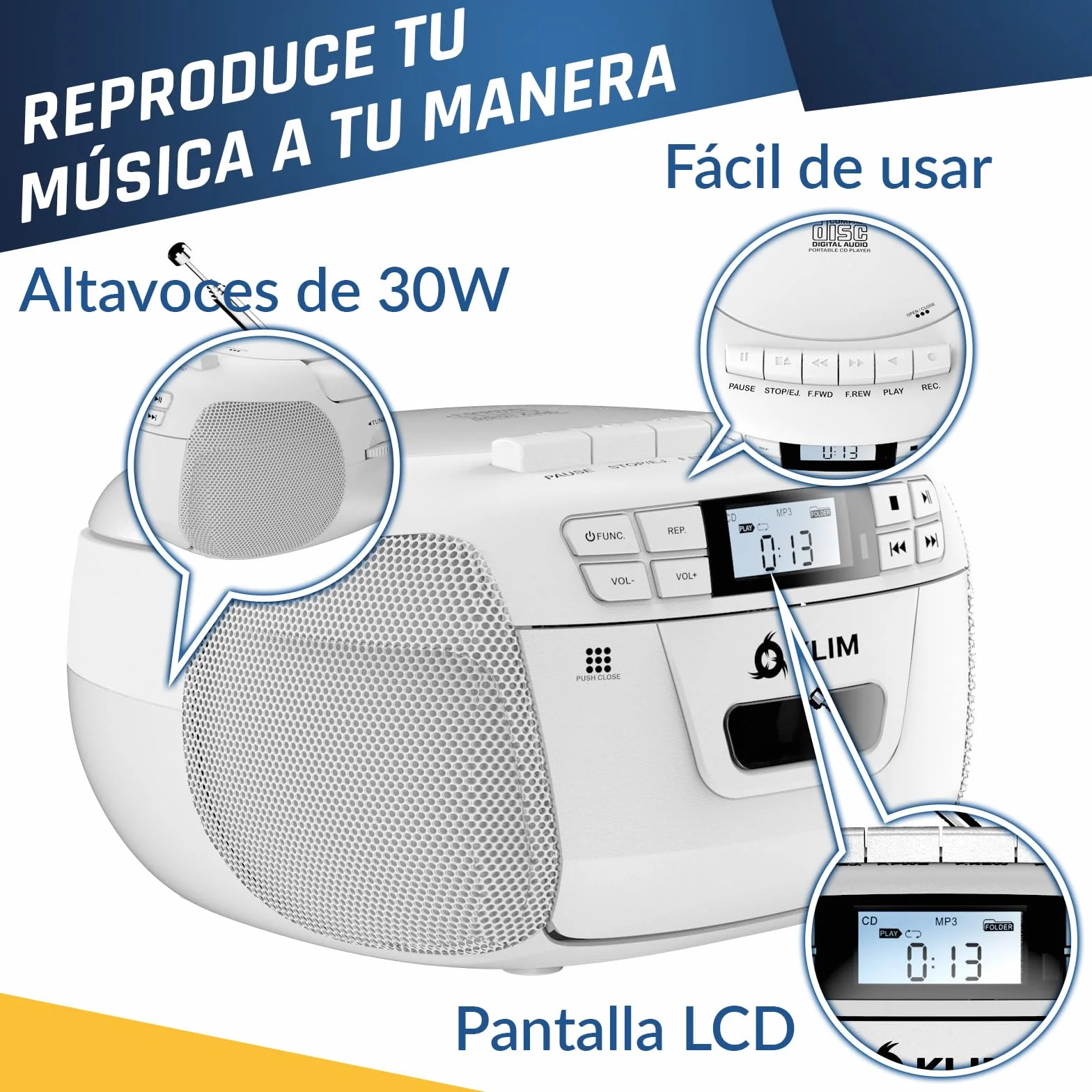 Reproductor CD Cassette KLIM con Radio AM/FM y Bluetooth, USB, AUX, Grabación en Cinta, Control Remoto - Blanco