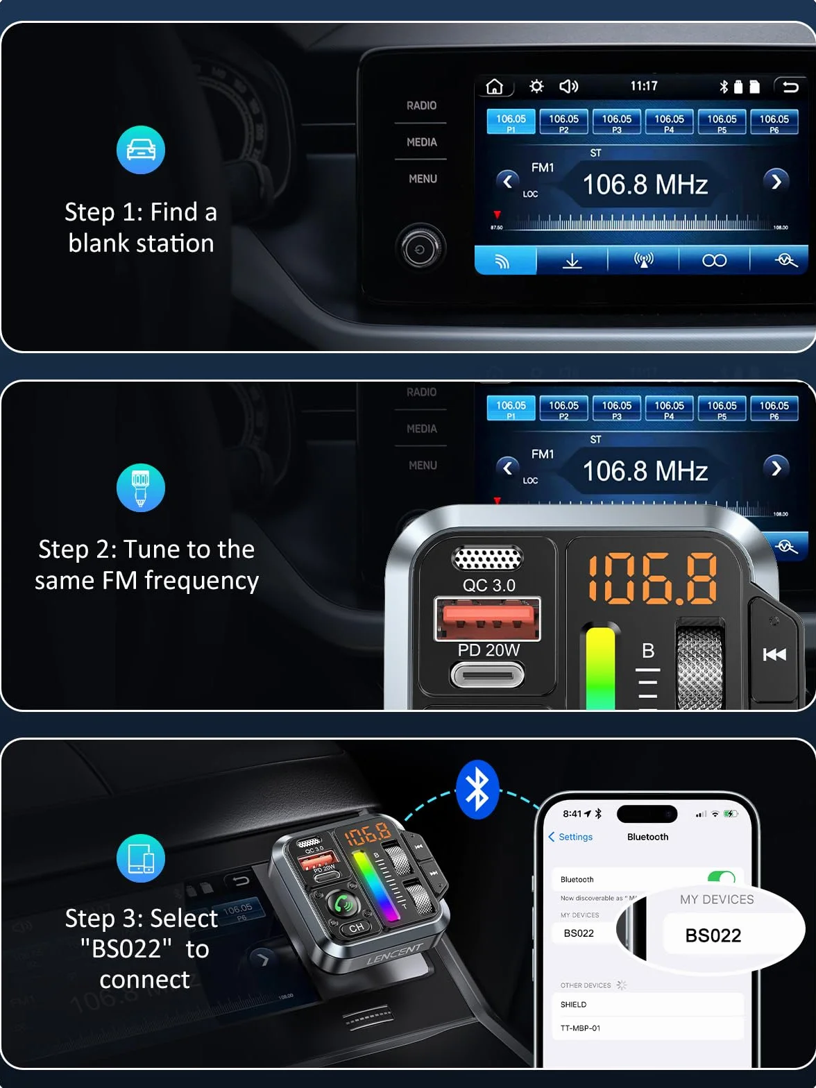 LENCENT Transmisor FM Bluetooth 5.3 para Coche, Reproductor Música con Sonido de Agudos y Graves Ajustable, Adaptador Radio Carga Rápida PD 20W y QC 3.0, Llamadas Manos Libres, Siri Google Assistante