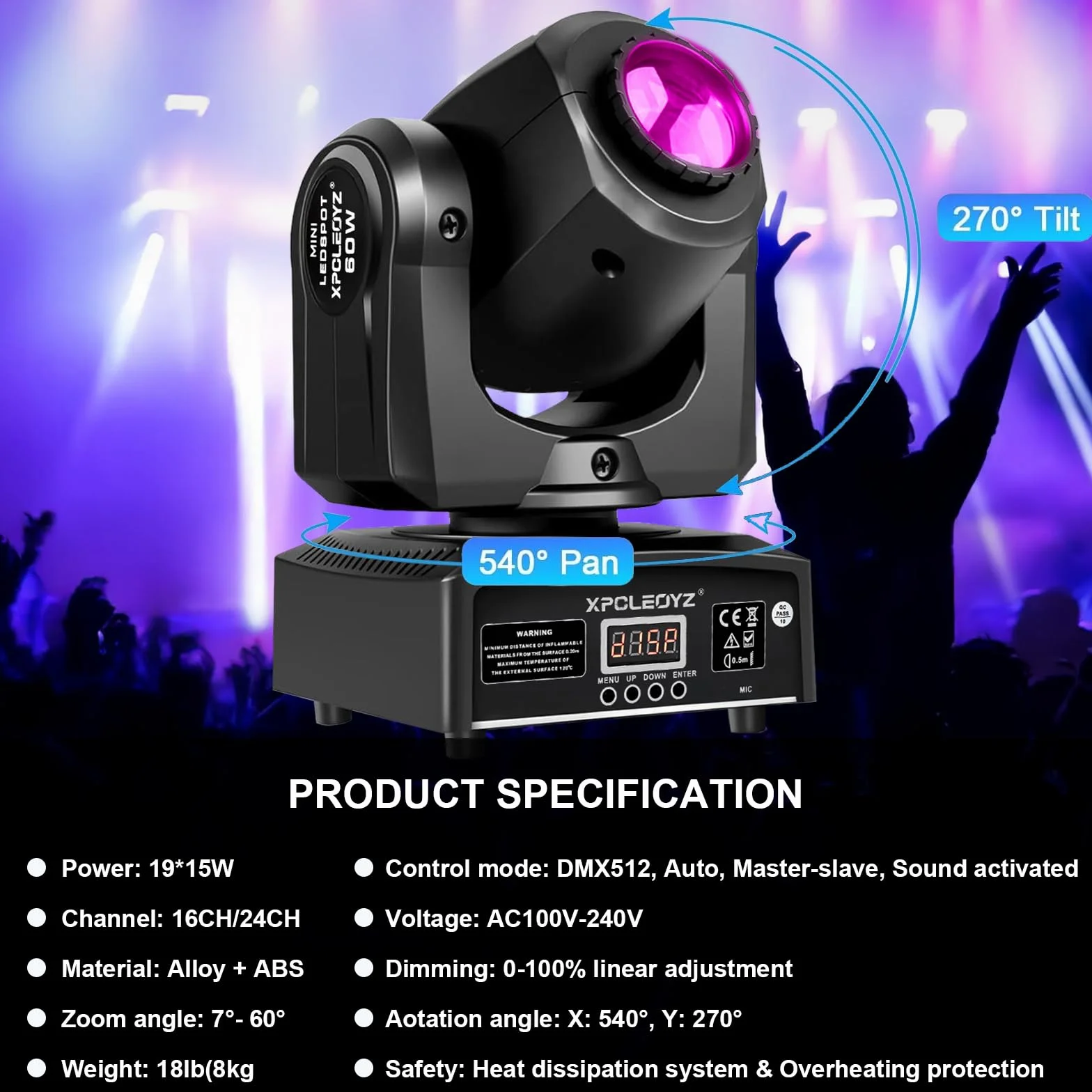 2 unidades de luz de escenario mini de 60W con cabezal móvil LED, luces RGBW para DJ, DMX512, 9/11 canales de control de sonido para discotecas, DJ, fiestas y clubes