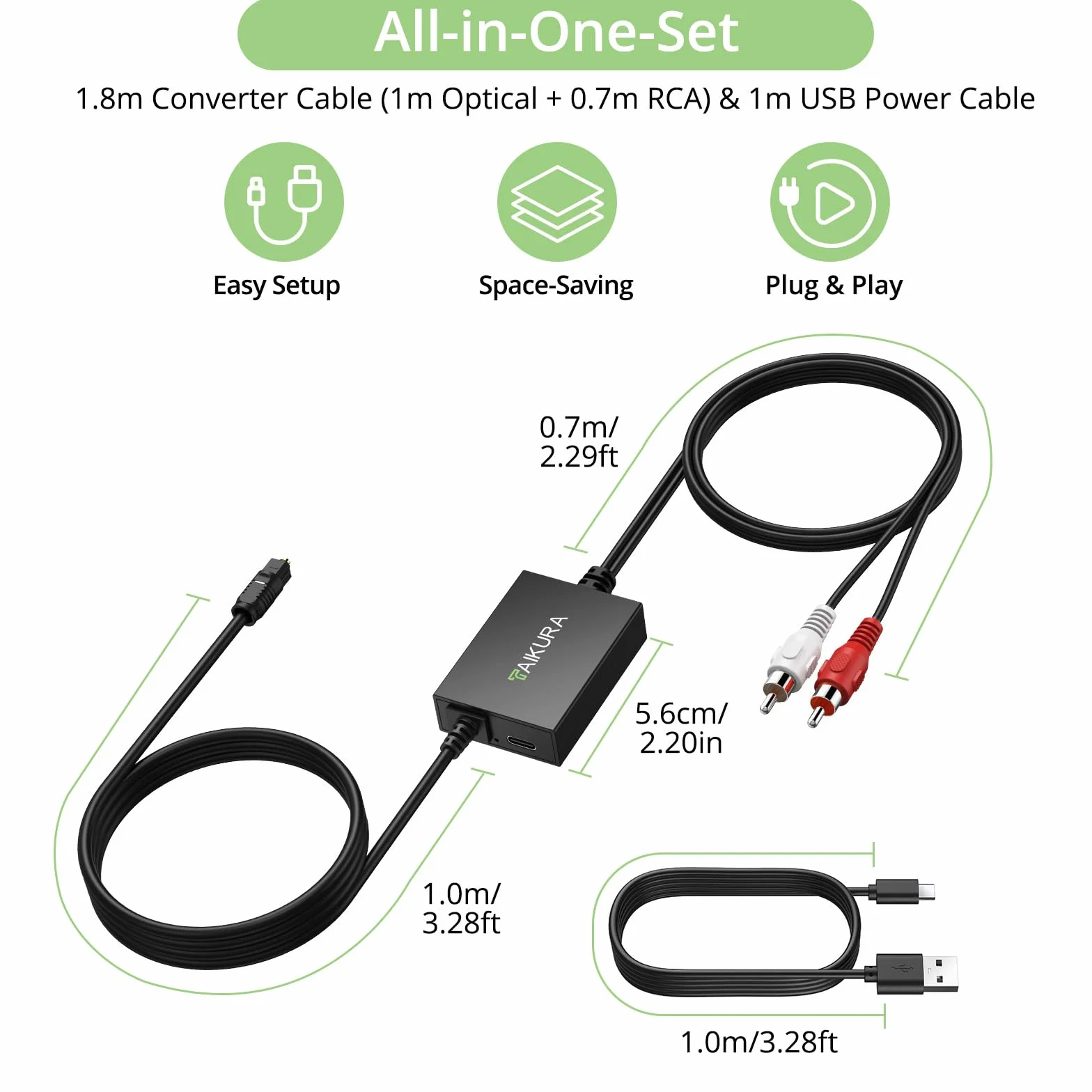 Convertidor Digital a Analógico SPDIF a RCA 192kHz DAC 1.8m Adaptador Audio Óptico Toslink a RCA