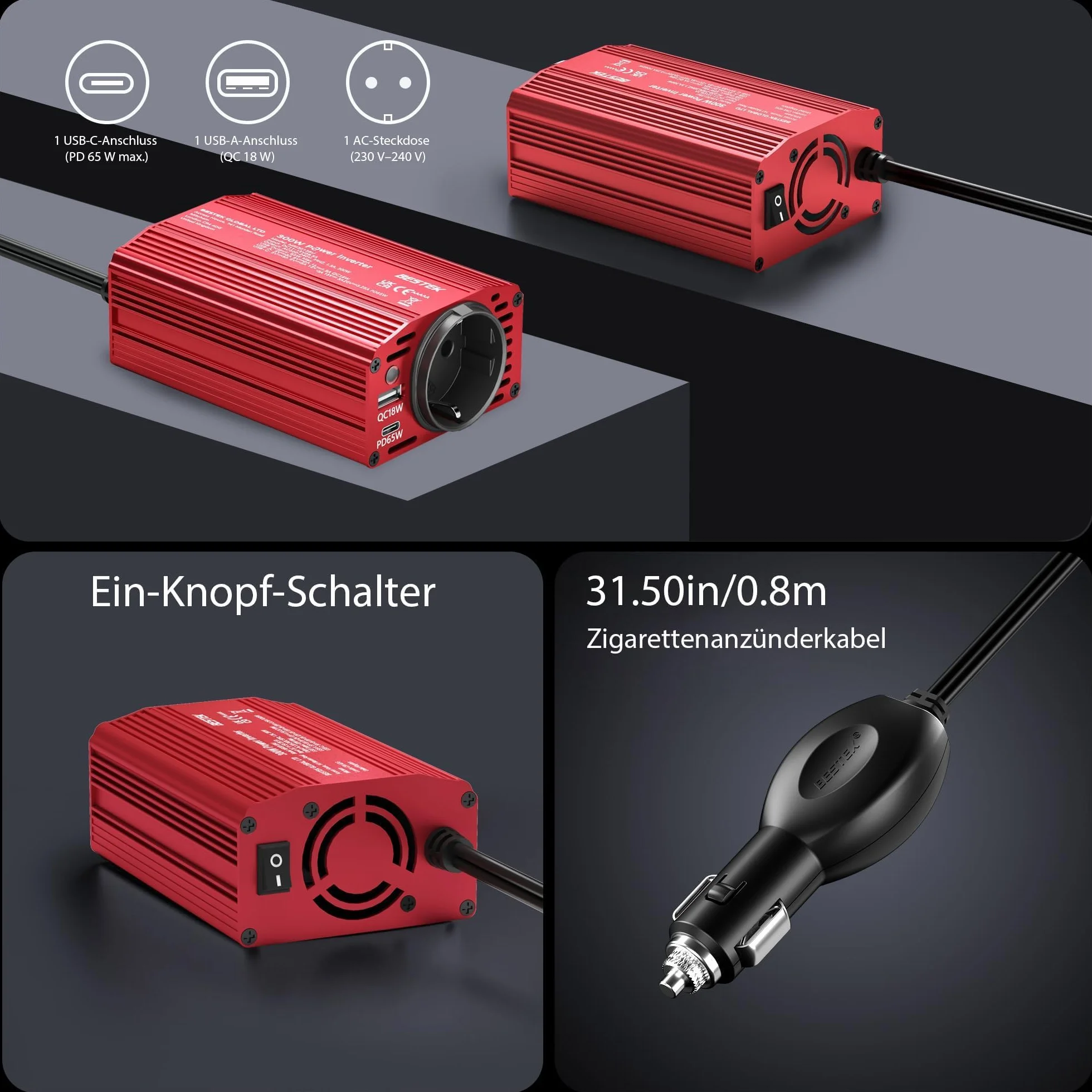 BESTEK Inversor 12v 220v 300W,Transformador 12V a 220V Convertidor Onda con 2 AC Tomas Y 2 USB-C (65 W y 30 W) 2 USB-QC (18 W) sinusoidal con Protección para Barco,Caravana,Coche
