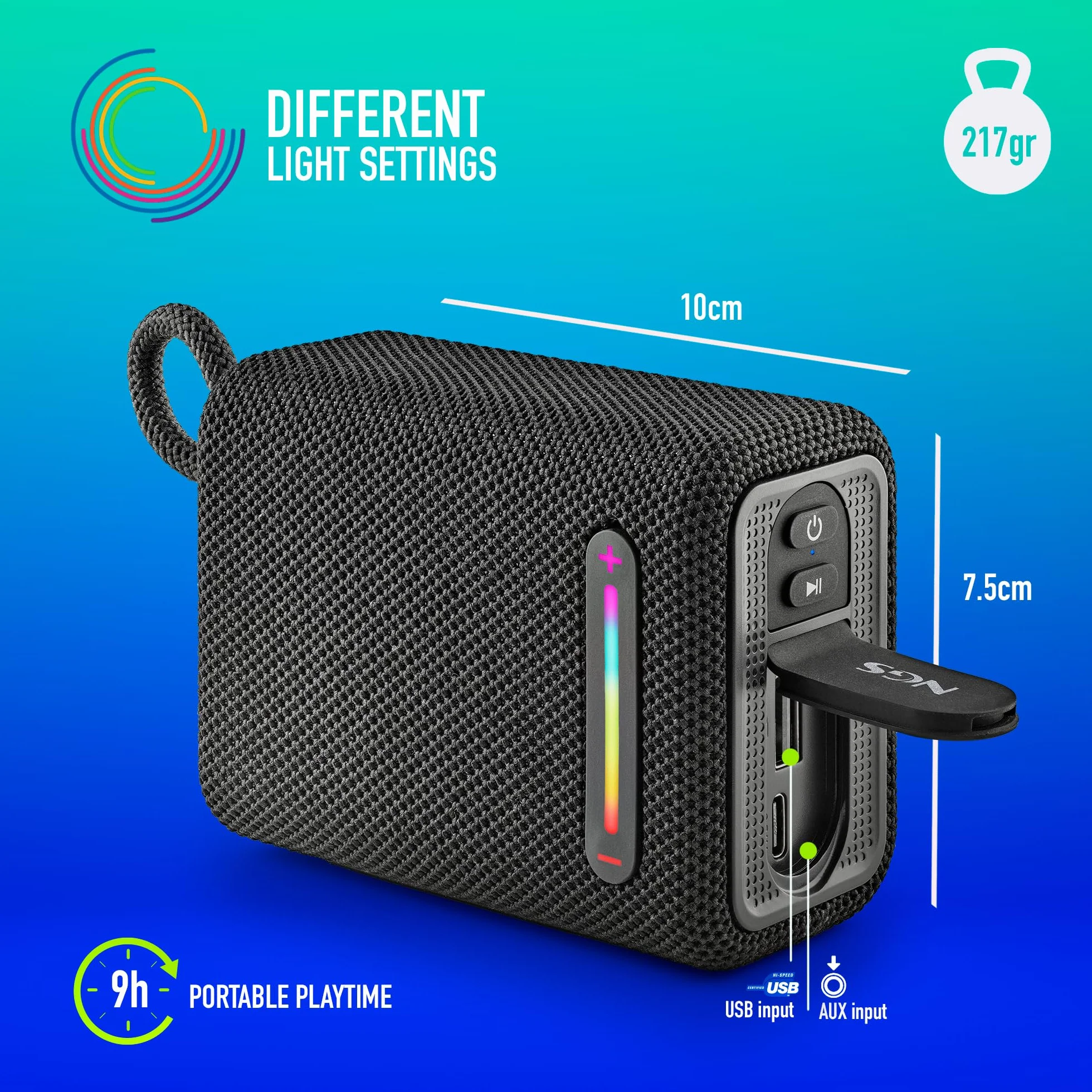 NGS Roller Furia 1 Blue - Altavoz Portátil Compatible con Tecnología Bluetooth, Luces RGB, Impermeabilidad IPX6, 15 W, True Wireless, USB, Duración Batería 9 Horas, Azul