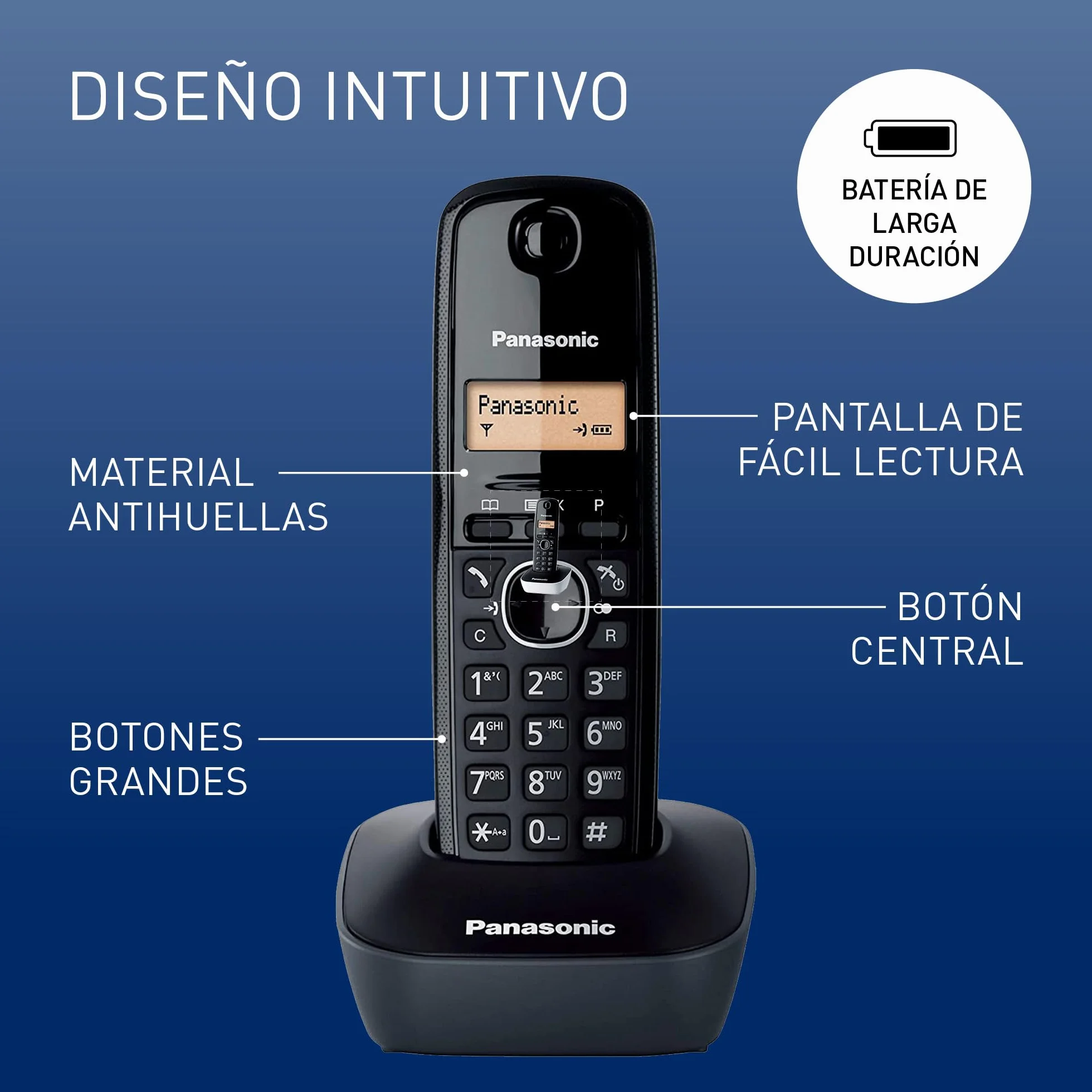 Panasonic KX-TG1611SPH Teléfono Inalámbrico Digital DECT Negro Base y 1 Auricular Identificador Llamadas Batería LCD