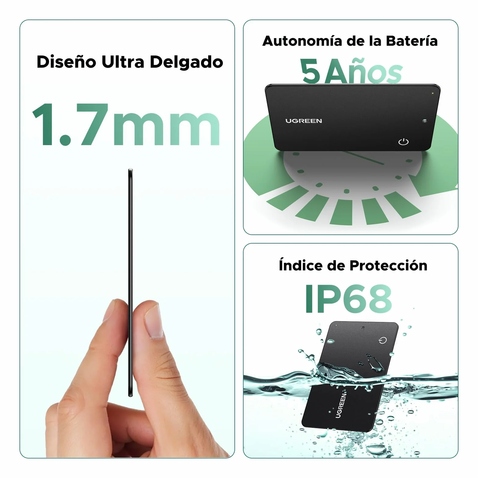 UGREEN FineTrack Slim Smart Finder Localizador Solo Android 5 Años Batería Rastreador Ultra Delgado 1.7mm Impermeable IP68 Compatible con Google Find Hub para Cartera Llaves Equipaje Maleta