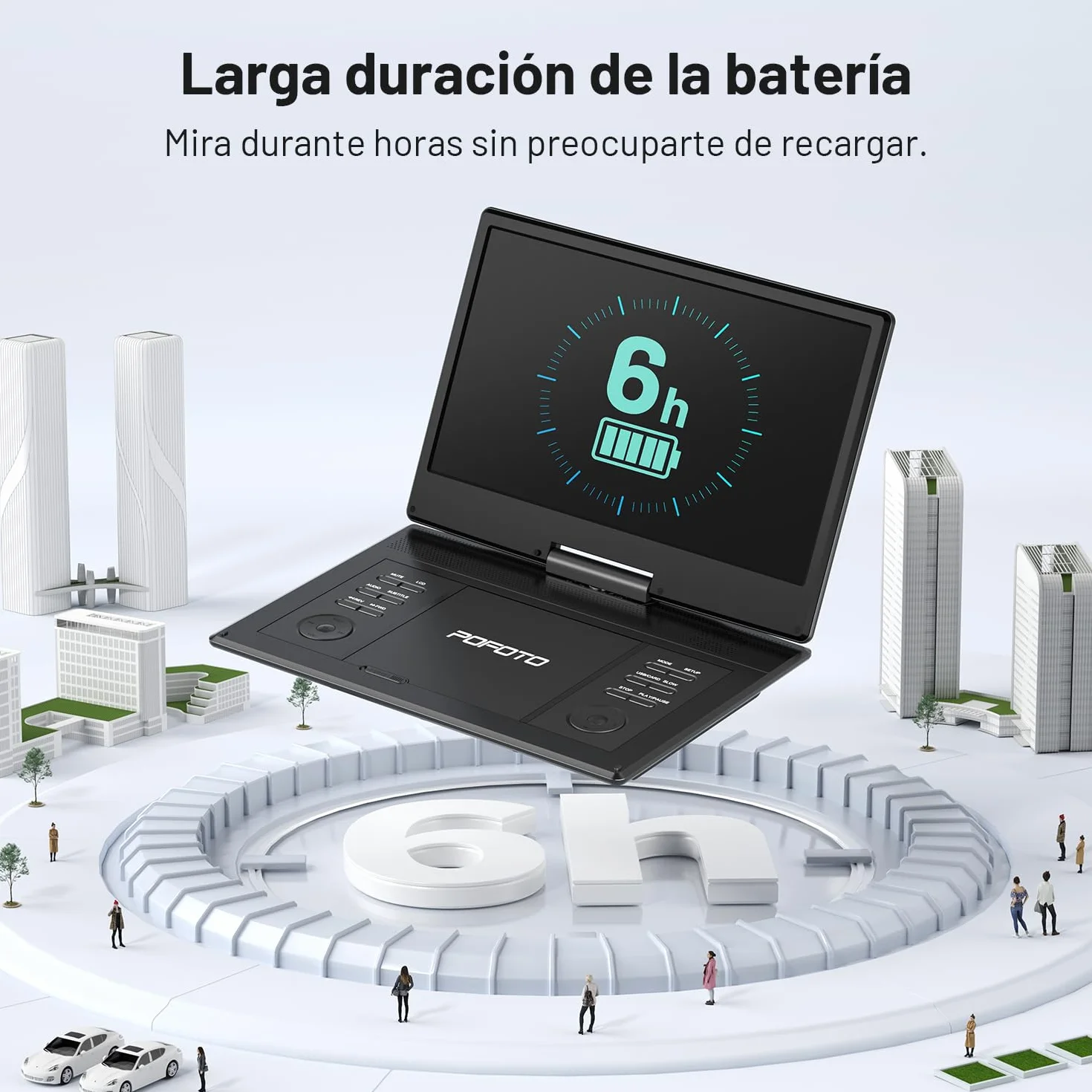 POFOTO Reproductor DVD Portátil 15,7'' Pantalla HD Giratoria 14,1" 6H Autonomía Multiformato SD USB