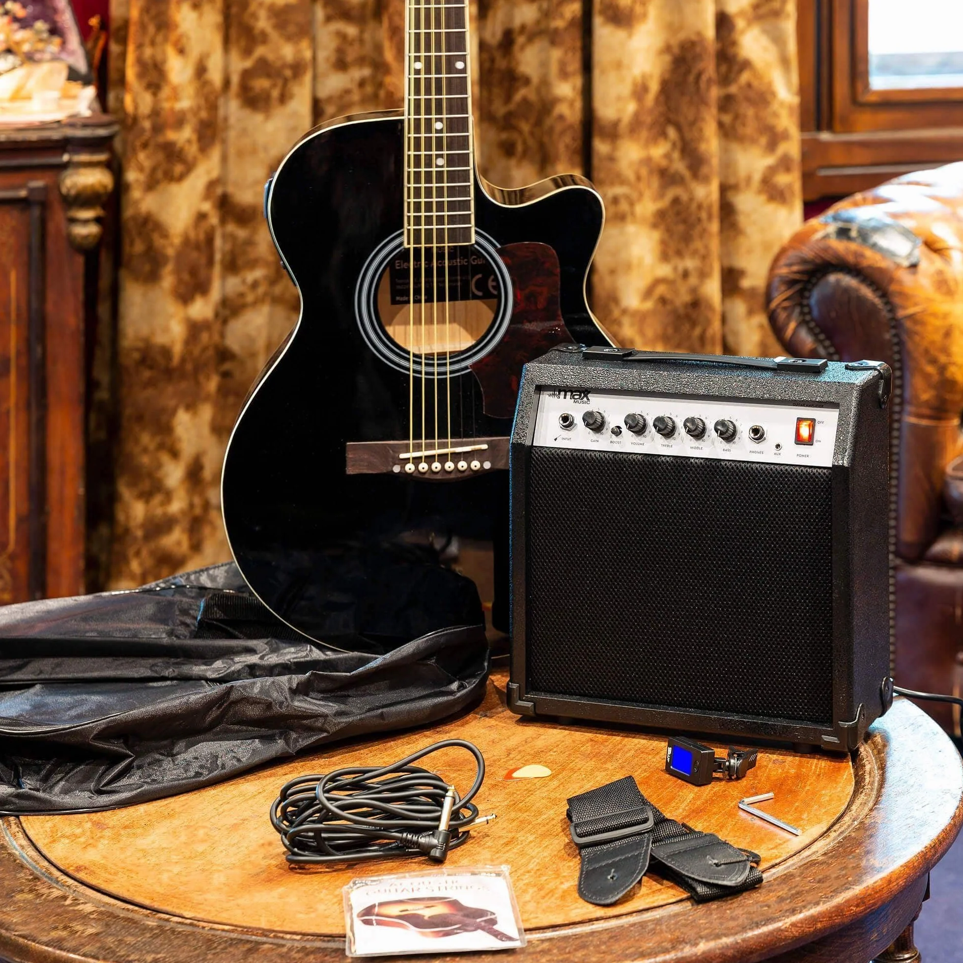 MAX Guitarra Electroacústica Set Completo - Cuerpo Dreadnought, Amplificador 40W, Funda, Soporte, Afinador, Púas, Correa, Cuerdas Repuesto - Ideal para Principiantes y Profesionales