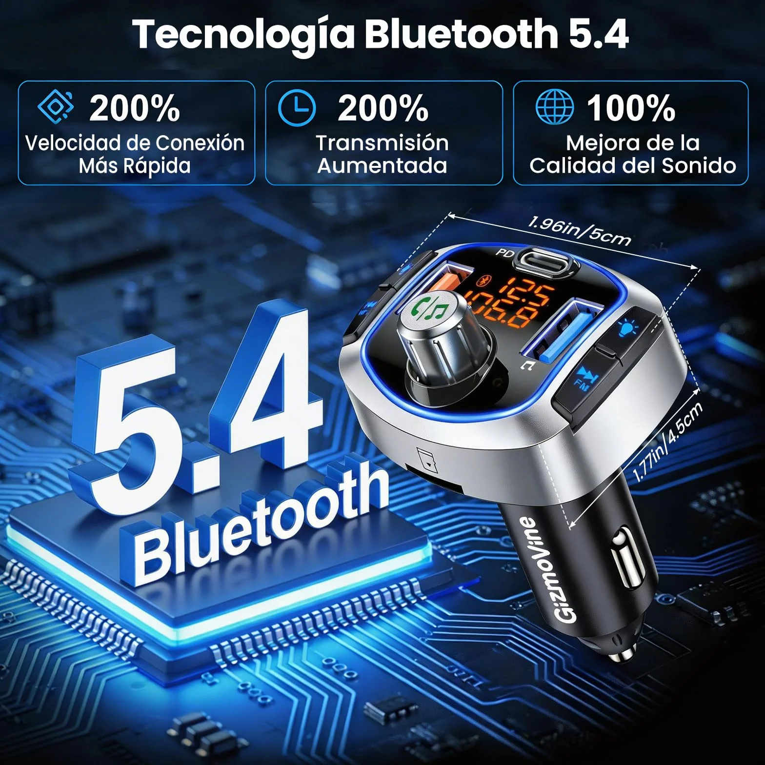 GizmoVine Transmisor FM Bluetooth 5.4 Coche 81W, Adaptador Radio Coche con Carga Rápida Dual PD 45W & QC3.0 36W, Bluetooth Manos Libres con Cancelación de Ruido, Bass Boost, Botón de Apagado y Luz LED