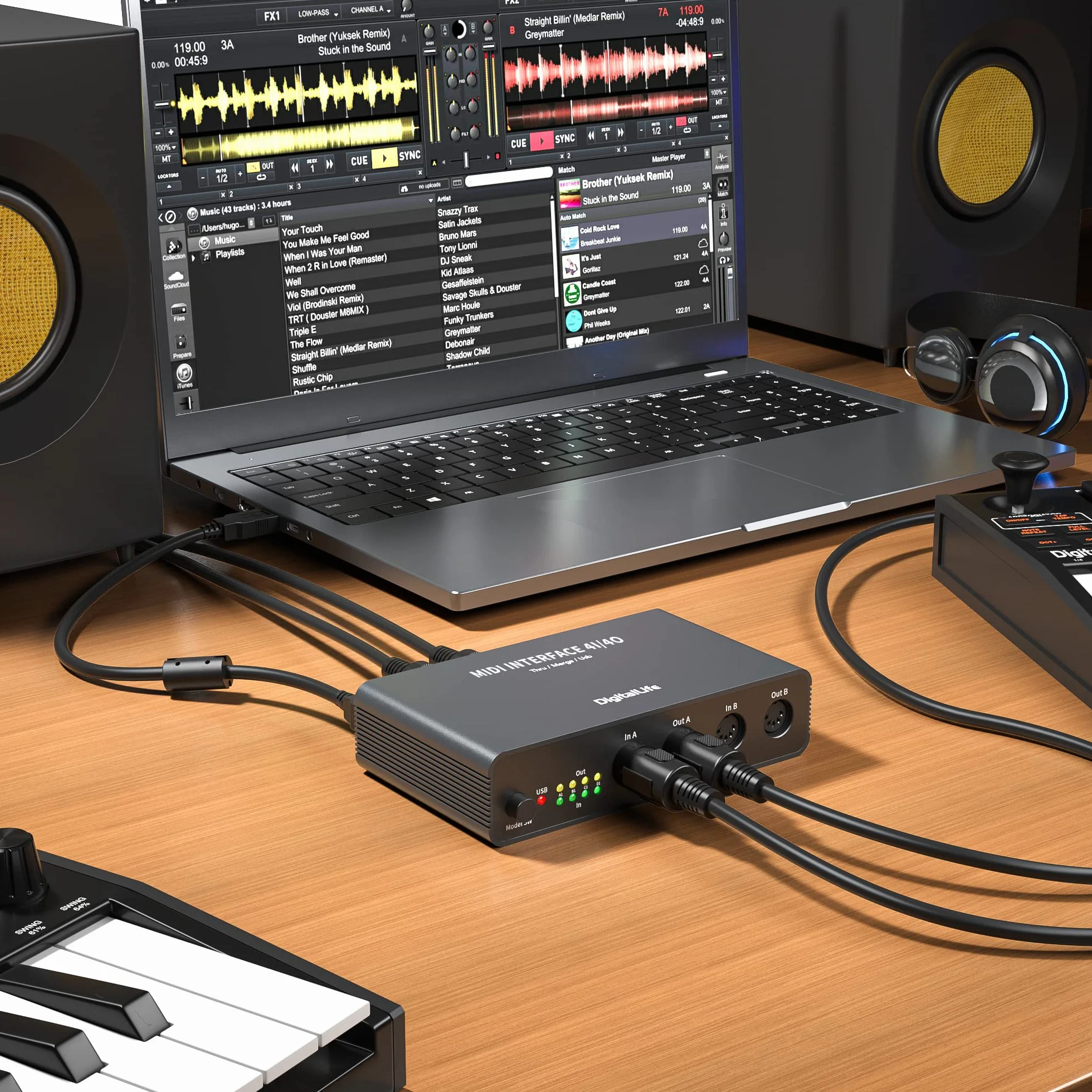 DigitalLife Quad I/O Pro 4x4 Interfaz MIDI USB – Merge/Thru/Splitter de 5-Pin DIN, Carcasa Metálica con 8 Indicadores LED | Compatible con Teclados, Sintetizadores y Drum Machines | UMB06-B