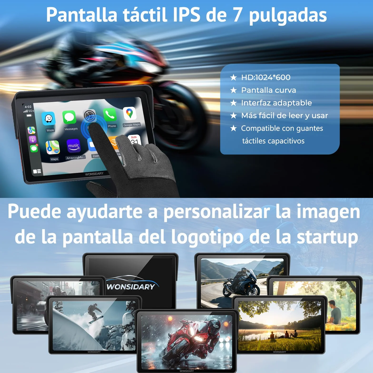 Carplay Moto 7 Pulgadas Pantalla TáCtil,InaláMbricos Carplay y Android Auto, Navegador GPS Moto Conectar y Usar con IP67 Impermeable, Sensor De Luz,Bluetooth Trans, Siri/Google Assistant,EQ