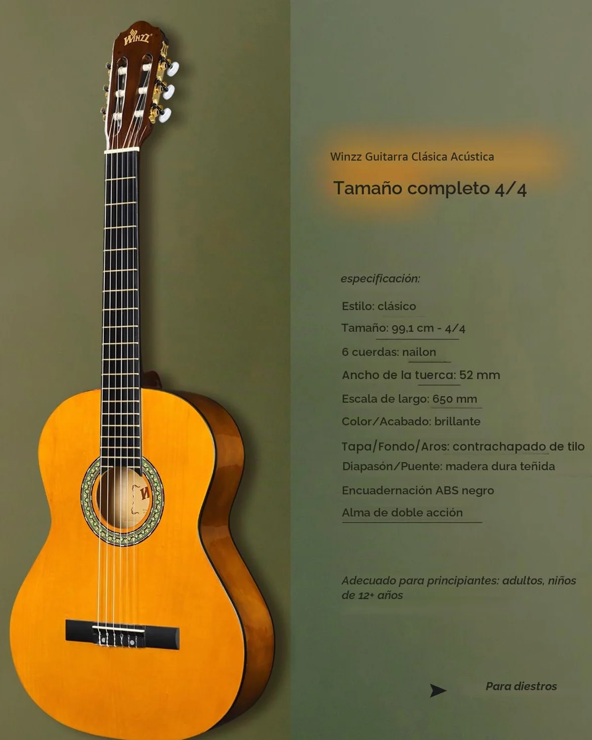 Winzz Guitarra Clásica 4/4 Starter Kit 39" para Principiantes con Reposapiés, Soporte con Ganchos de Pared, Diapasón, Afinador, Funda, Paño de Pulir - 6 Cuerdas de Nylon, Amarillo Brillante