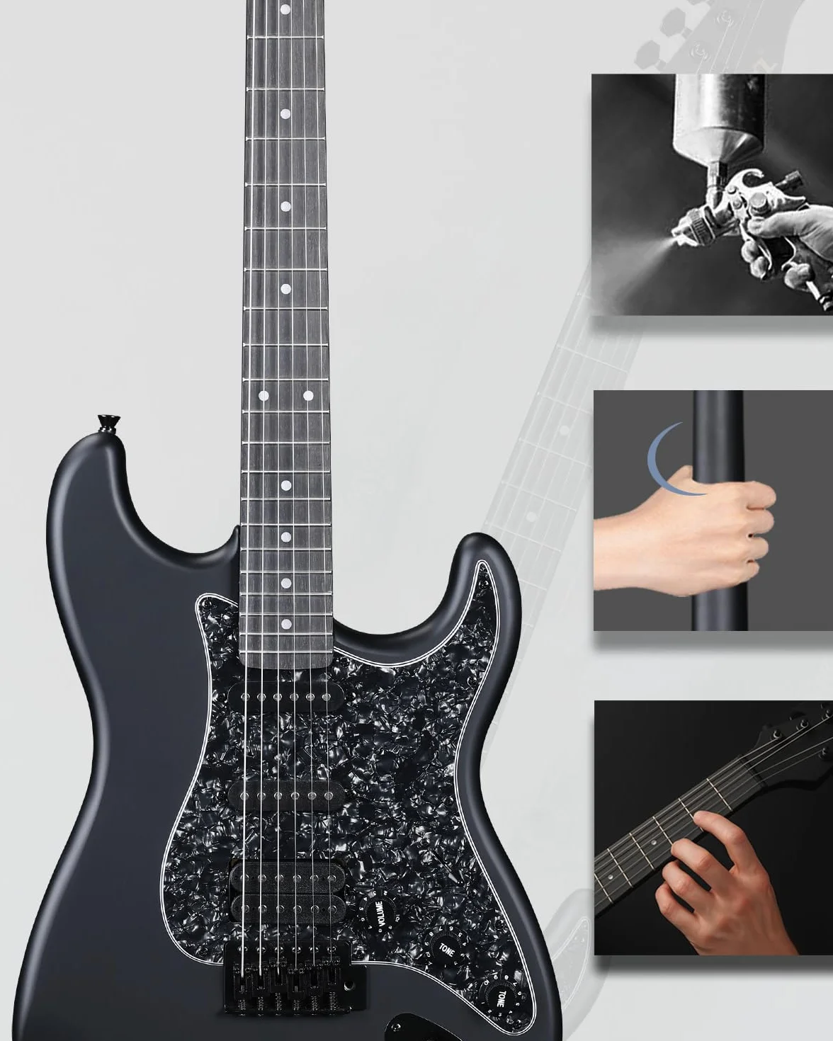 Winzz Guitarra Eléctrica Adulto 4/4 Tamaño Completo, Pastilla HSS, Guitarra Eléctrica ST para Principiantes Pack con 12 Accesorios, Electric Guitar Kit por 12+ Años (39" Negro Mate, Pickguard Negro)