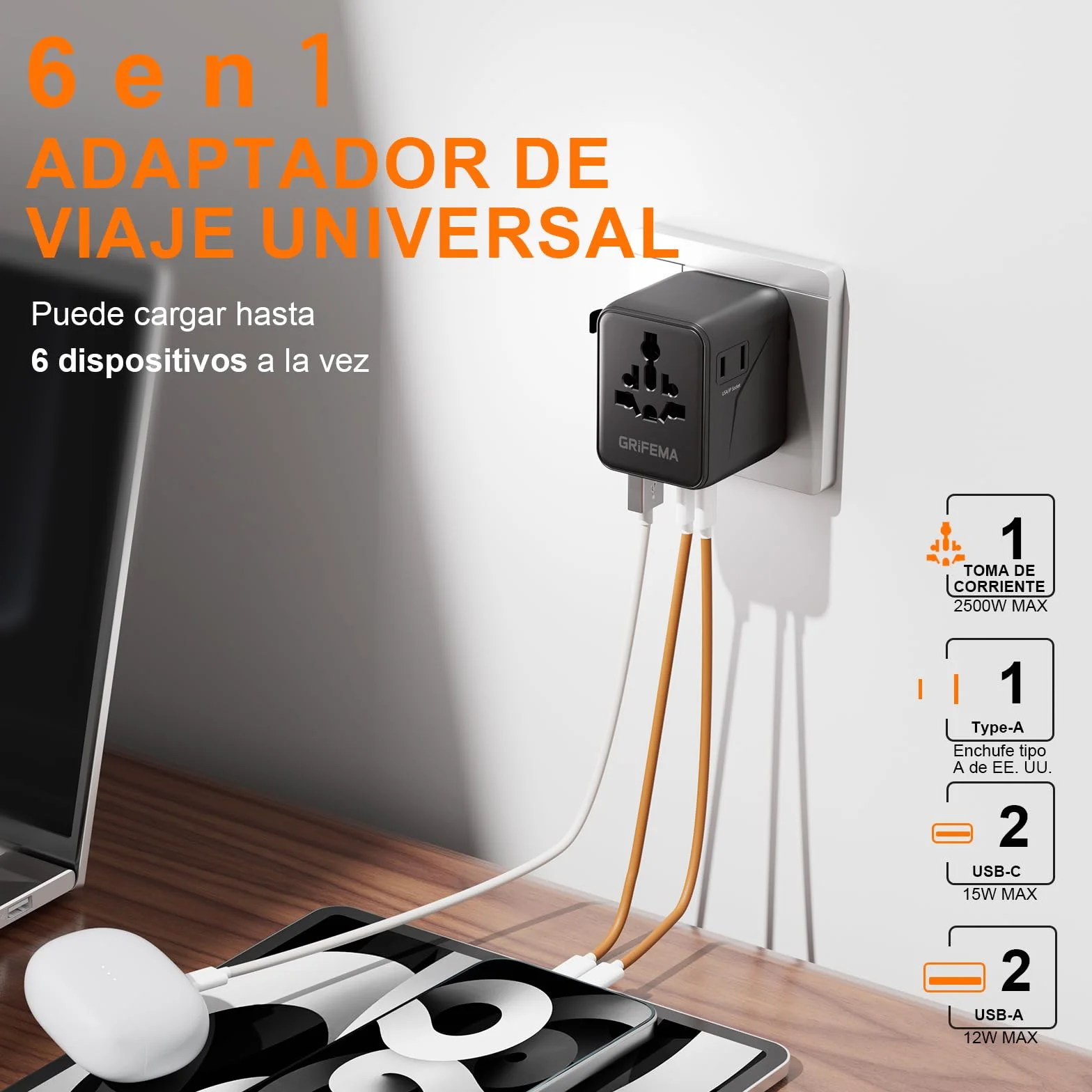 GRIFEMA Adaptador Enchufe Universal de Viaje, Cargador Internacional 6 en 1 con 2 USB-C, 2 USB-A y 2 Tomas AC, Adaptador Corriente para Reino Unido, USA, Europa, Australia, Italia, Japón