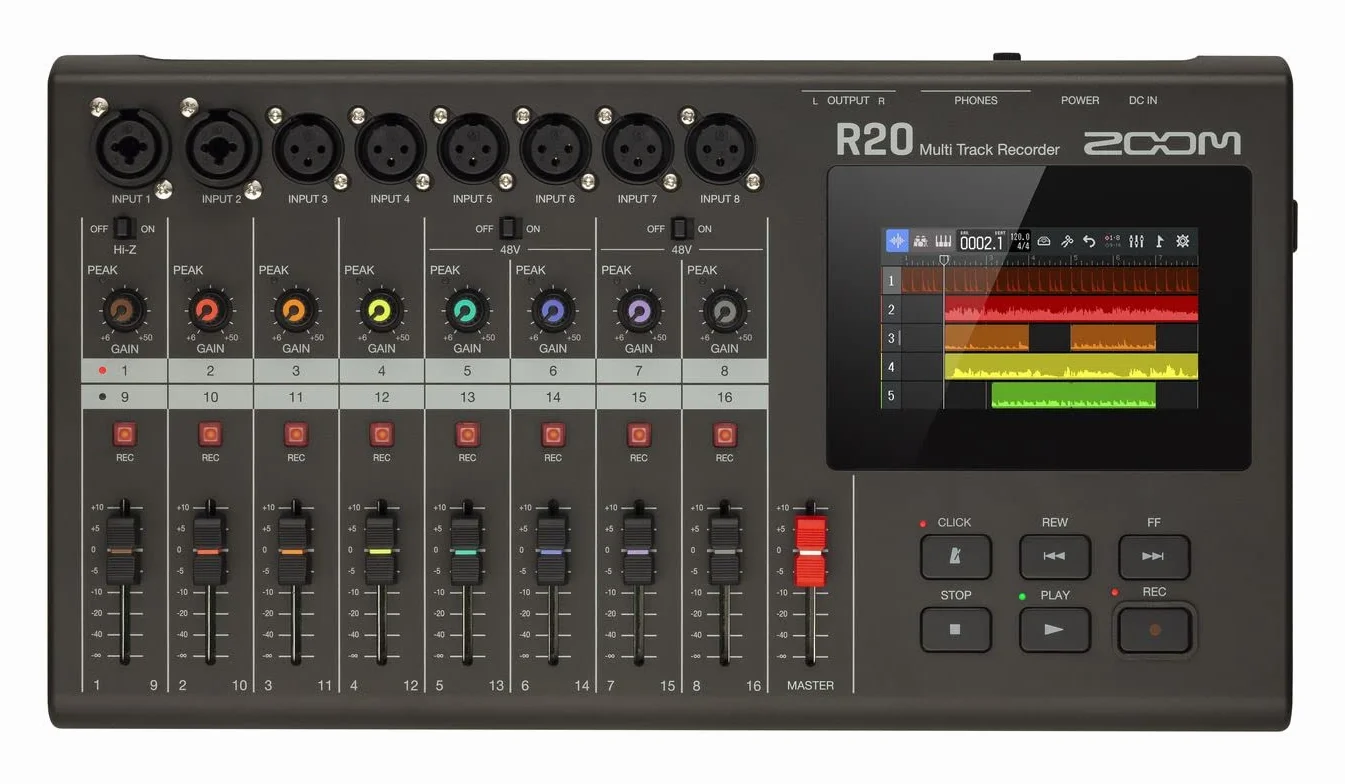 Zoom R20 MultiTrak Grabadora multipista de sobremesa, con Pantalla táctil, edición integrada, 16 Pistas, 6 entradas XLR, 2 entradas Combo XLR/TRS, Efectos, Synth, Drum Loops e Interface de Audio USB