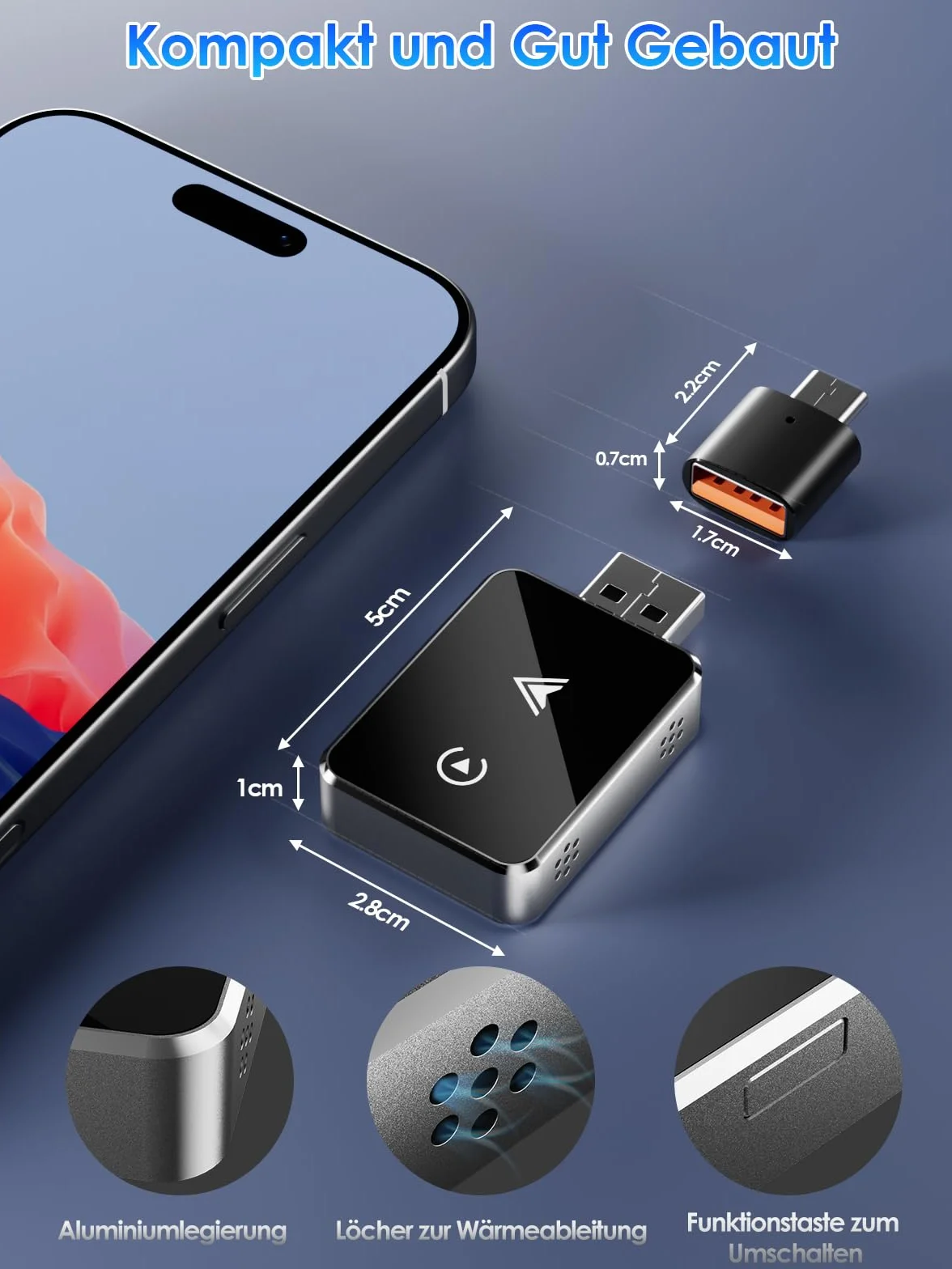 Adaptador Inalámbrico 2 en 1 para CarPlay/Android Auto, PARPAT 2025 Conversión Mejorada de Cable a Inalámbrico con USB/Tipo-C, Conexión Estable y Sin Retrasos, Compatible con iPhone/Android (K3)