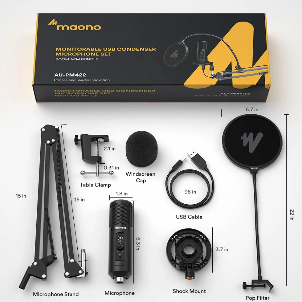 MAONO Micrófono USB para PC, Micrófono Condensador Profesional con Silencio, Ganancia de Mic, Monitoreo de Latencia Cero, Kit Brazo para Streaming, Podcast,Gaming, Grabación, Twitch, Youtube, PM422