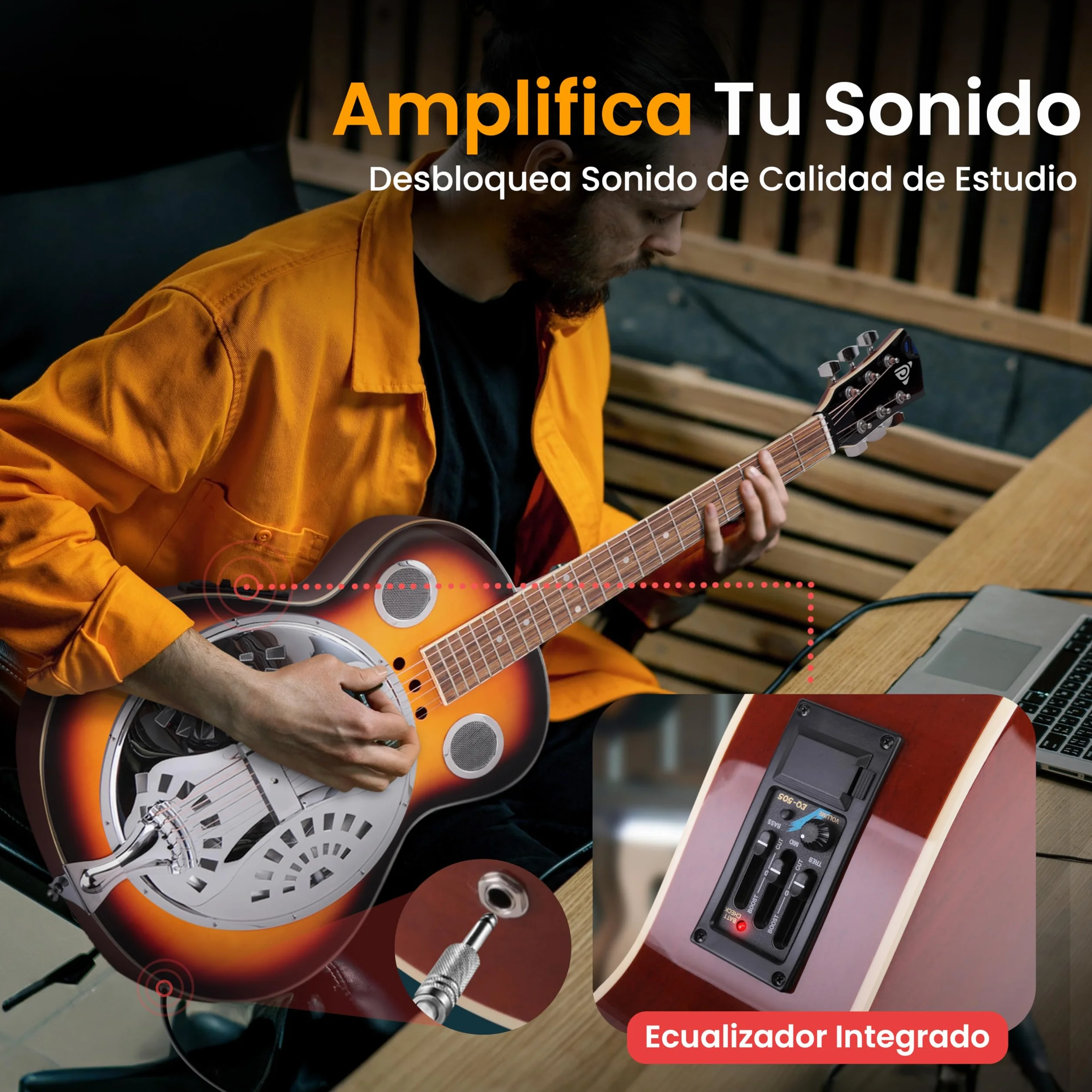 Pyle guitarra electrica, Resonador tradicional, 6 cuerdas, Preamplificador incorporado, Accesorios