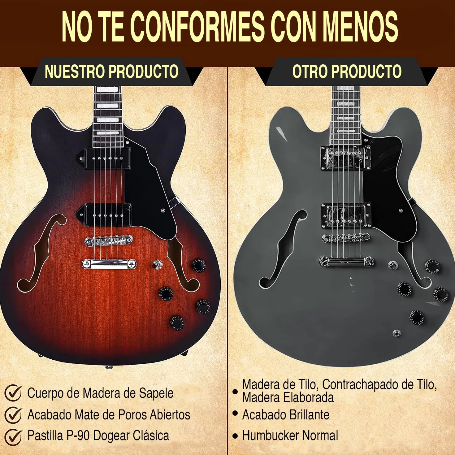 Pyle kit de guitarra electrica de cuerpo semihueco, Tamaño completo, 41.8”, Set de instrumentos de jazz con funda, Acabado mate y Sunburst