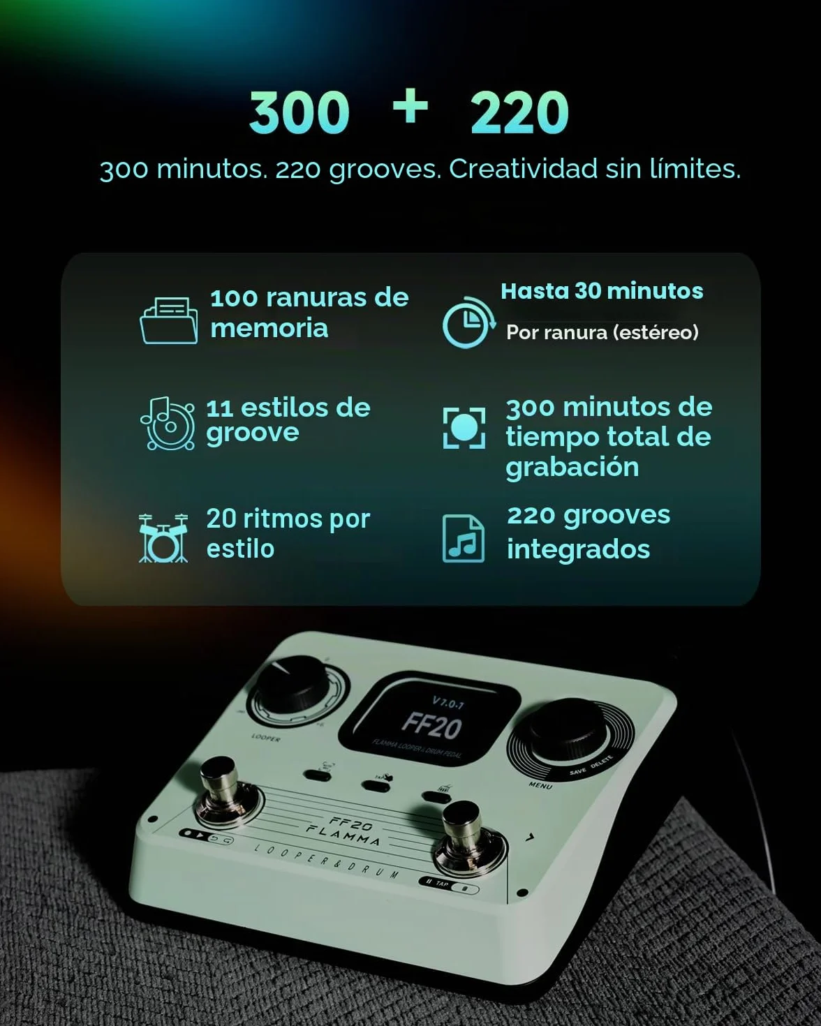 FLAMMA FF20 Looper Pedal Drum Machine, pedal de guitarra con pantalla, grabación de 300 minutos, 220 ranuras de tambor, 100 ranuras de bucle, estiramiento de tiempo, grabación automática, USB y salida