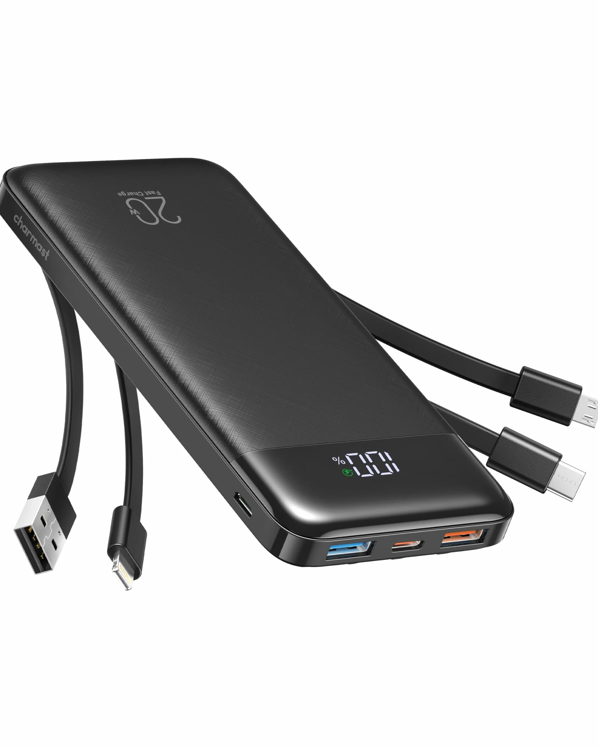 Charmast Power Bank 20000mAh Bateria Portatil USB con Cables Bateria Externa USB C Carga rapida PD 20W Powerbank con Pantalla LED para iPhone,Samsung,iPad,Tablet,Airpods etc