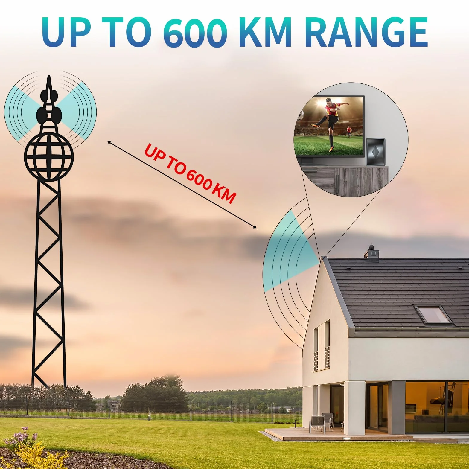 Antena TV Interior 600KM+, Antena TDT Interior con Amplificador de Señal Ultra Potente, 360° Recepción Canales Locales HD, Compatible con Todos los TVs Soporte 8k 4k 1080p, Cable Coaxial de 10M