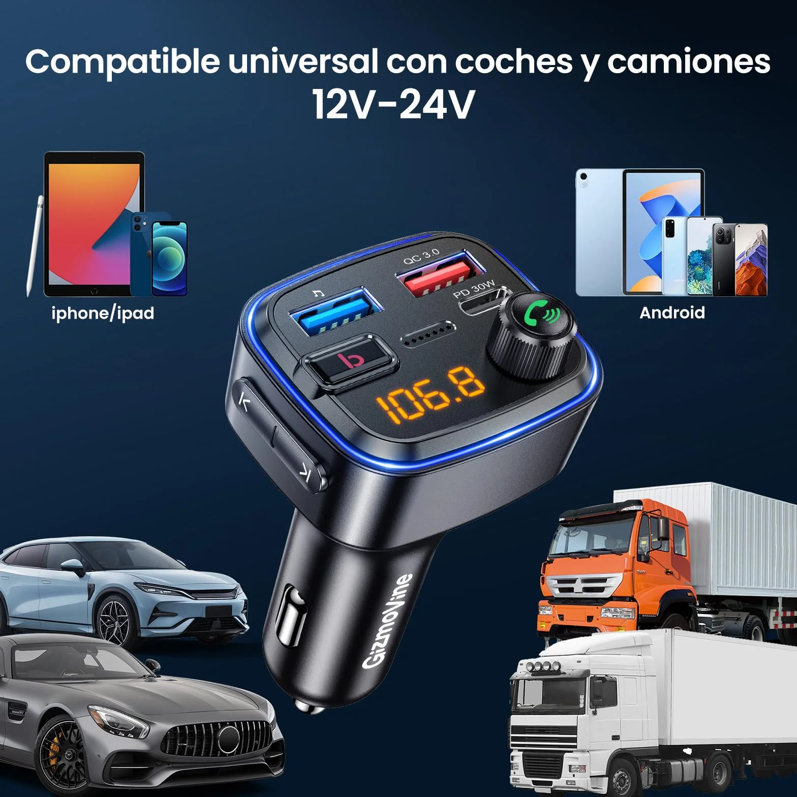 Gizmovine Transmisor FM Bluetooth Coche USB C PD 30W QC3.0 18W Manos Libres