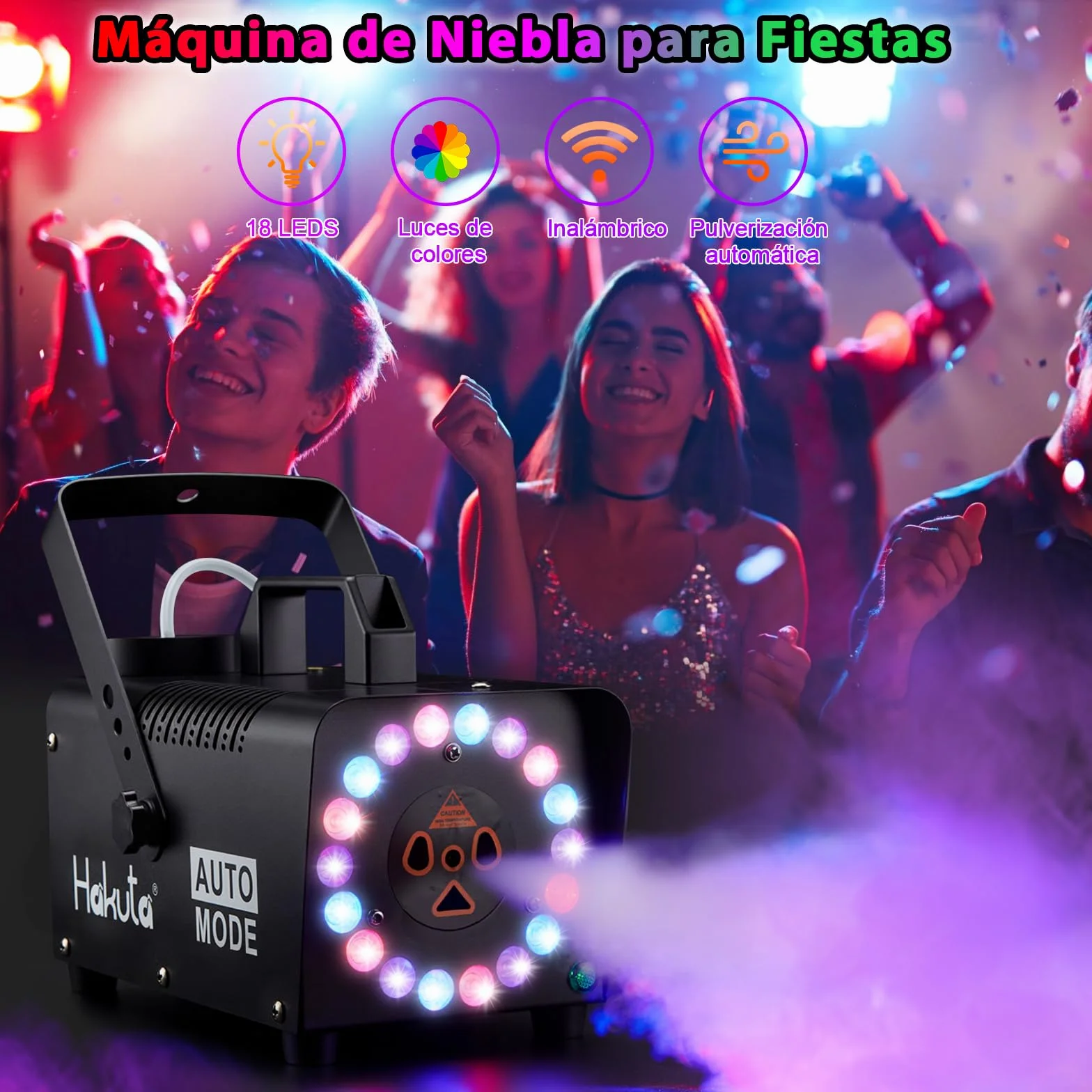 Hakuta Máquina de Niebla con 18 Luces LED, Mando a Distancia, Función Automática - Efecto Humo para Fiestas, Eventos en Interiores, Decoración Hogar (Negro)