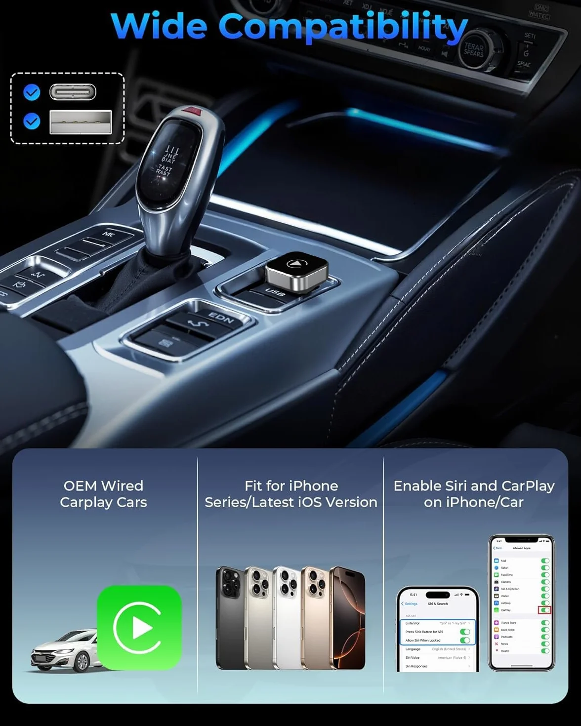 Adaptador CarPlay inalámbrico con cable CarPlay (USB a C) Mini CarPlay adaptador de metal para iPhone con iOS 10+ y Android 11+, sin demora (negro)