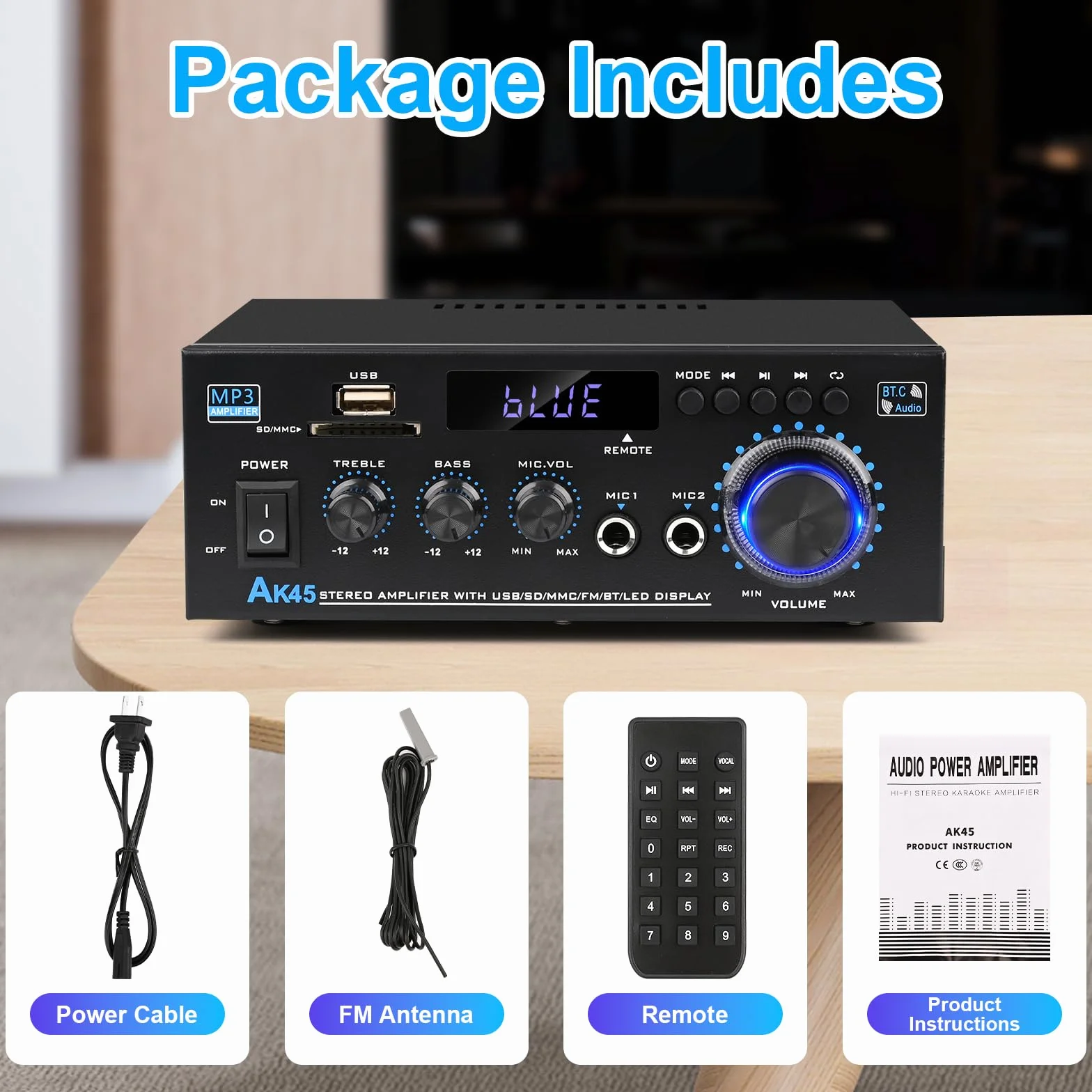Romicta Amplificador Audio HiFi Estéreo 600W 2 Canales, Bluetooth 5.0, 12V/220V, Pantalla LCD, Alta Fidelidad, Radio FM Portátil, Entrada SD/USB, para Hogar o Coche