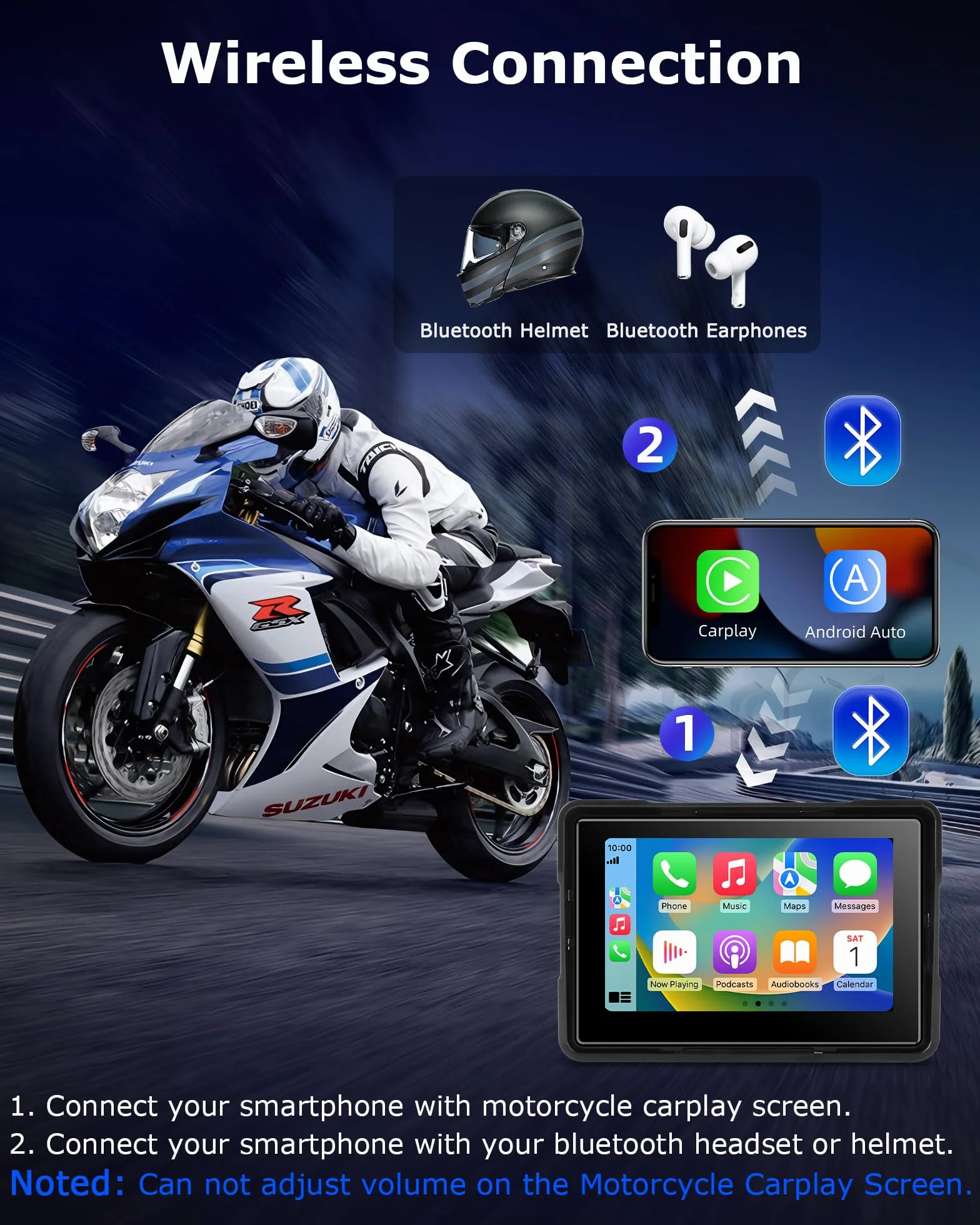 Jansite Pantalla Carplay Moto Android Auto 5 Pulgadas Navegador GPS TPMS IP67 Impermeable Inalámbrica