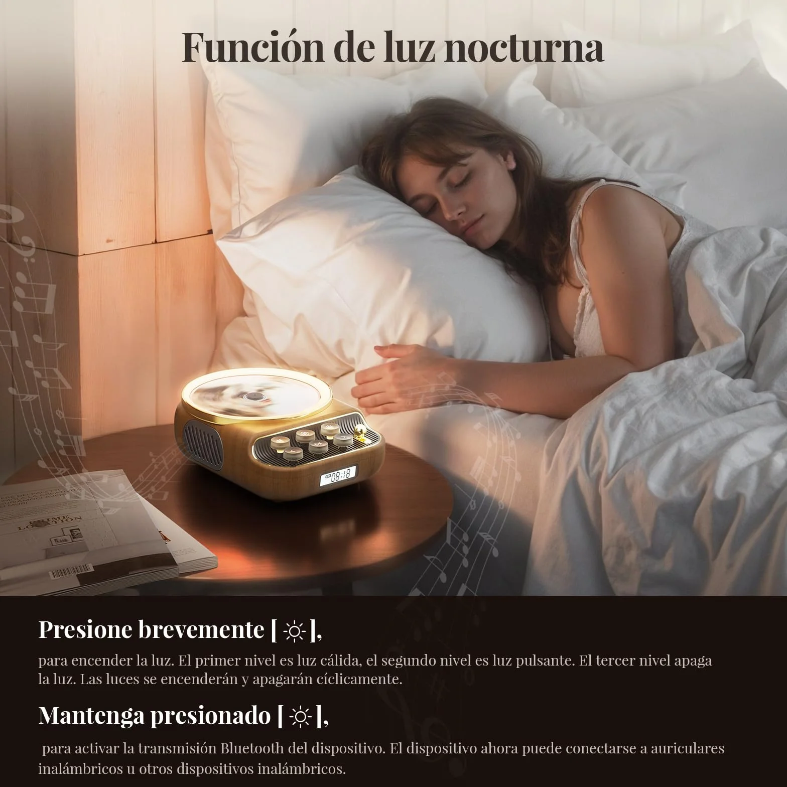 Reproductor de CD con Bluetooth 5.3, Altavoces, Radio FM, Control Remoto, Madera