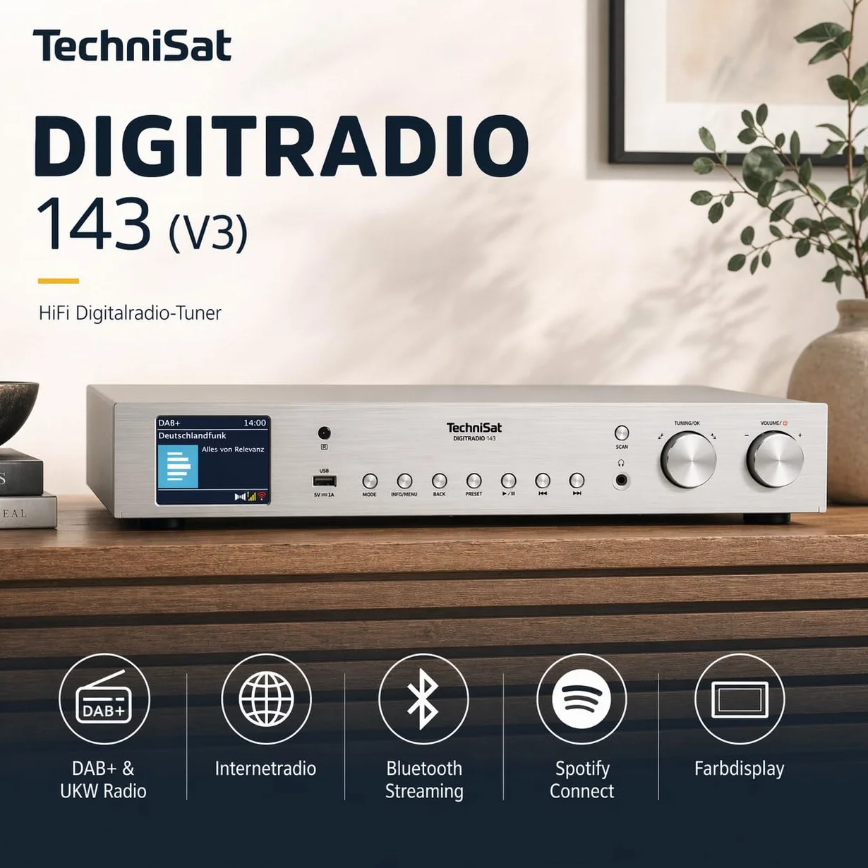 TechniSat DIGITRADIO 143 (V3) - Sintonizador HiFi Internetradio (Radio Digital Dab+, Streaming Audio Bluetooth, Spotify Connect, Antena con Cable, Mando a Distancia, Ancho 43,5 cm), Color Plateado