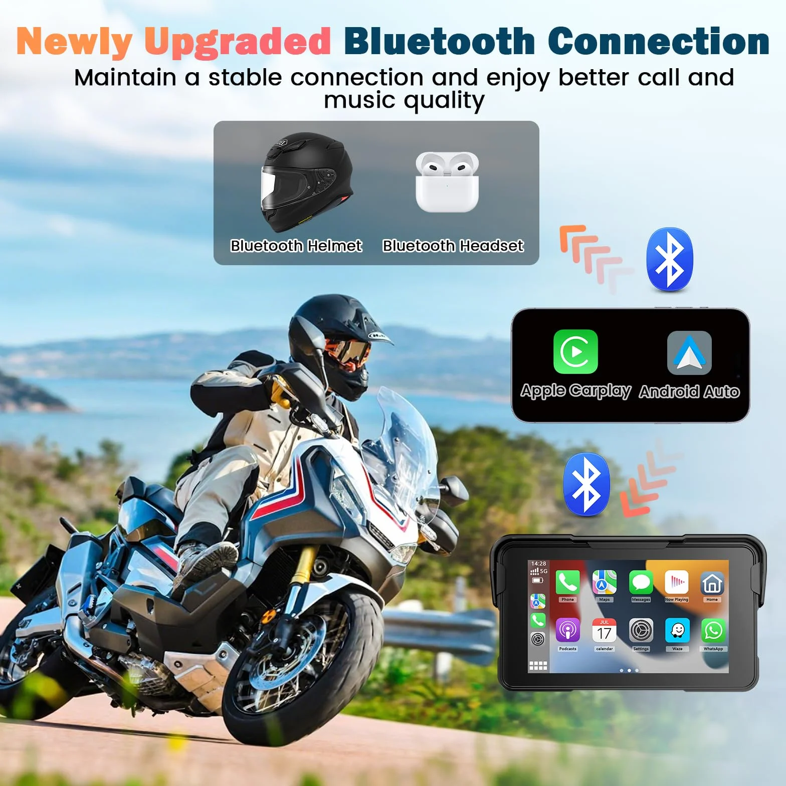 Pantalla Moto Carplay, Inalámbrico CarPlay y Android Auto, 5" Impermeable Táctil GPS Moto con Bluetooth, Navegador, Siri/Google Asistente, Soporte Magnético - Fácil de Instalar y Desmontar