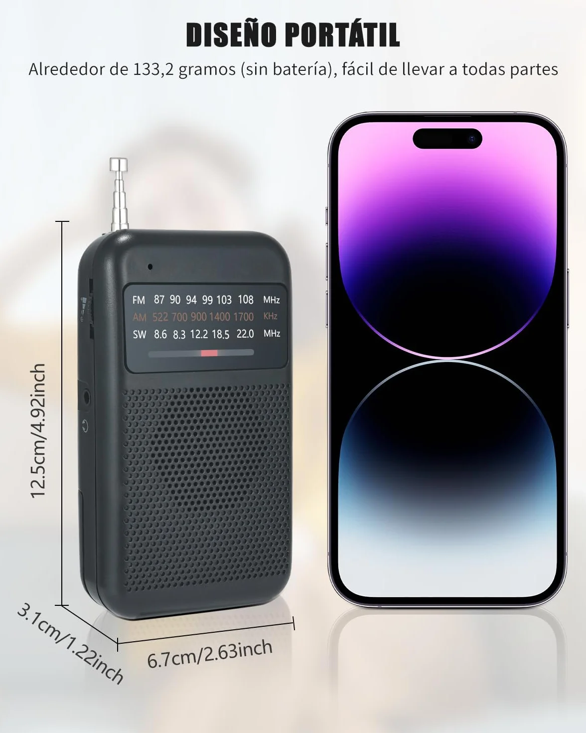 Radio portátil pequeña AM/FM/SW a pilas, mini radio de bolsillo con toma de auriculares