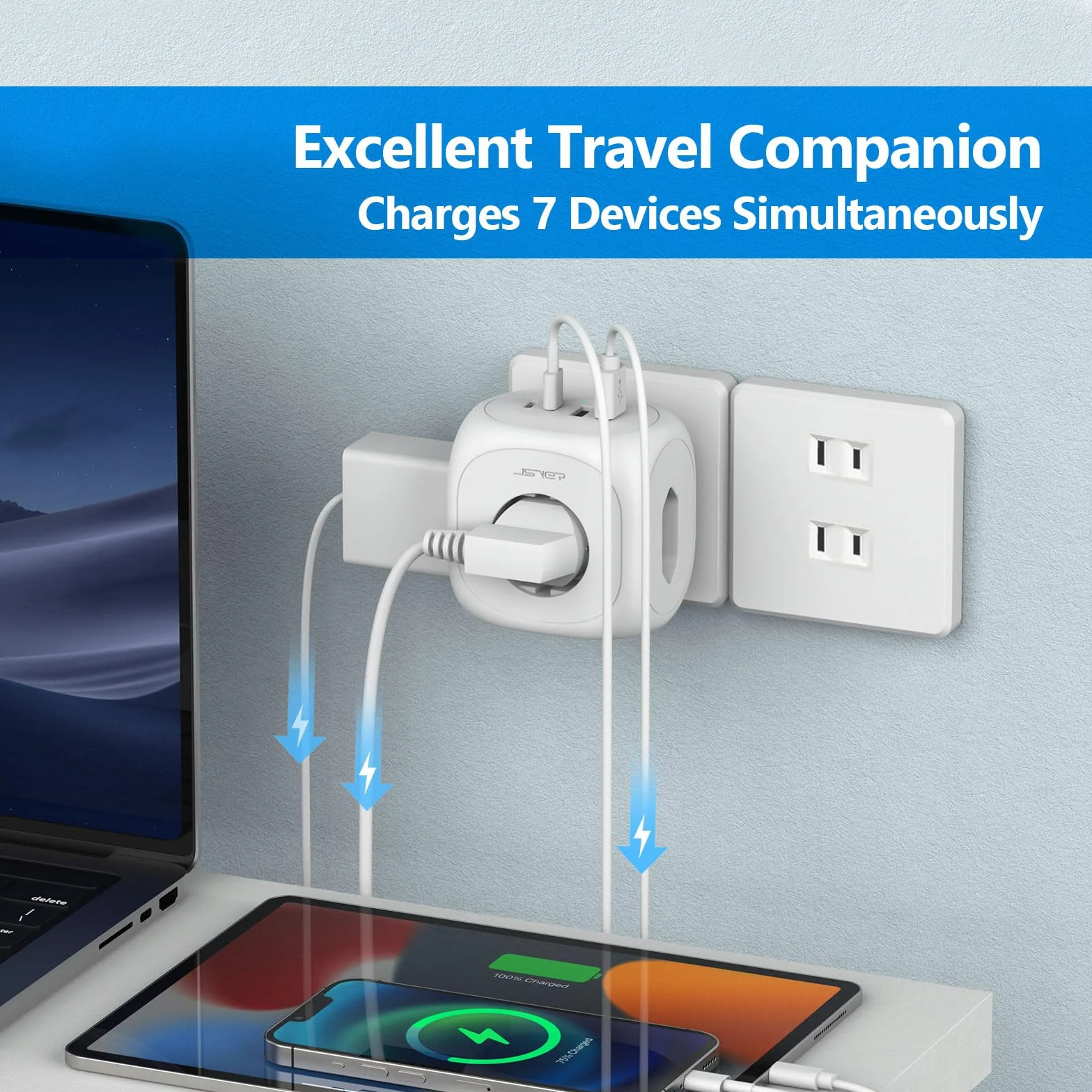 Adaptador Japon 3 Tomas, JSVER 7 en 1 Adaptador Enchufe para Japan Tipo A con 2 USB A y 2 USB C, Enchufe de Viaje para Español a Japones,América, México, Canadá, Tailandia-Blanco