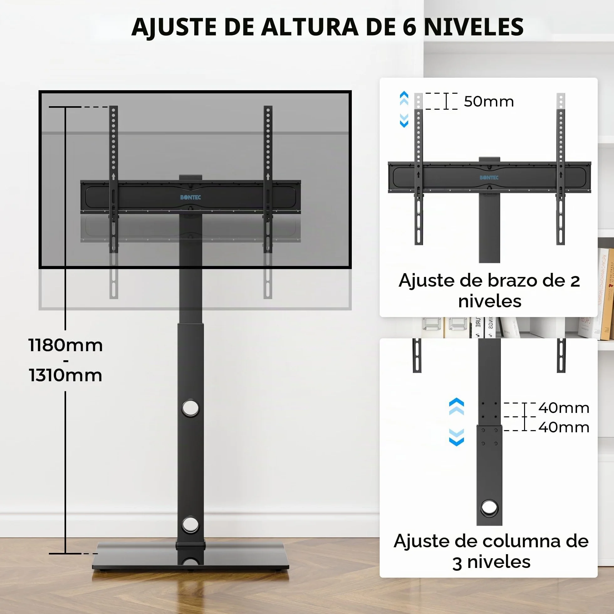 BONTEC Soporte TV Pie para Pantallas de 30-70 Pulgadas para TVs Planas y Curvas, Soporte Television Pie con 6 Niveles de Altura, hasta 40 kg, VESA Máx 600x400 mm, para Salón, Dormitorio y Oficina