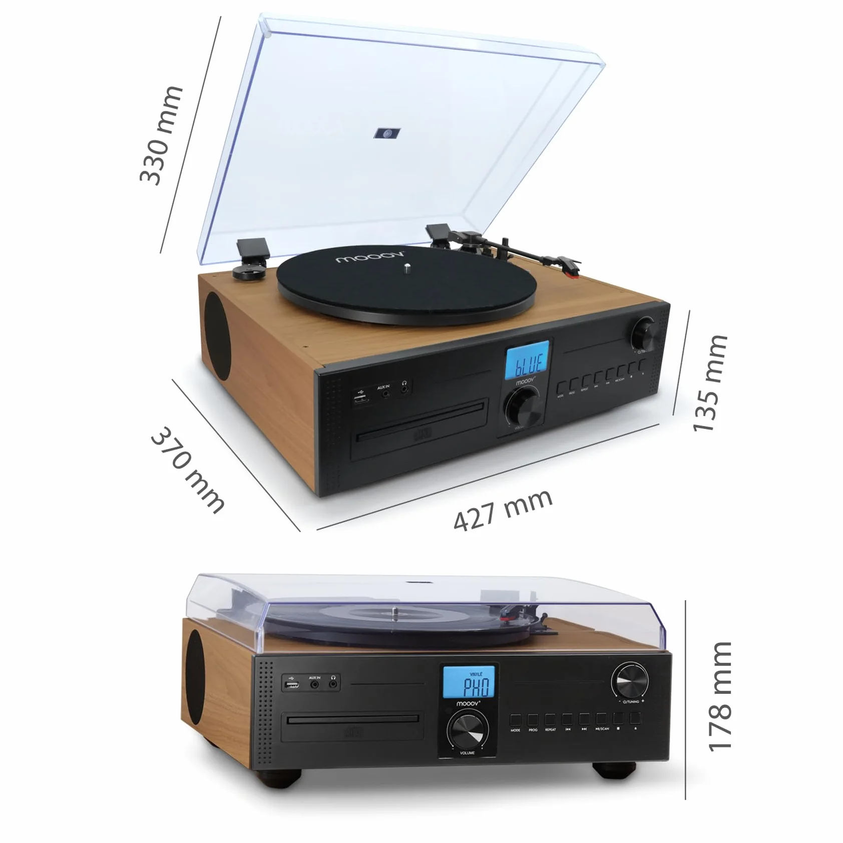 Mooov Microcadena HiFi Estéreo 50W con Tocadiscos, Reproductor CD, Bluetooth, Radio FM, USB, AUX-IN, RCA, Mando a Distancia