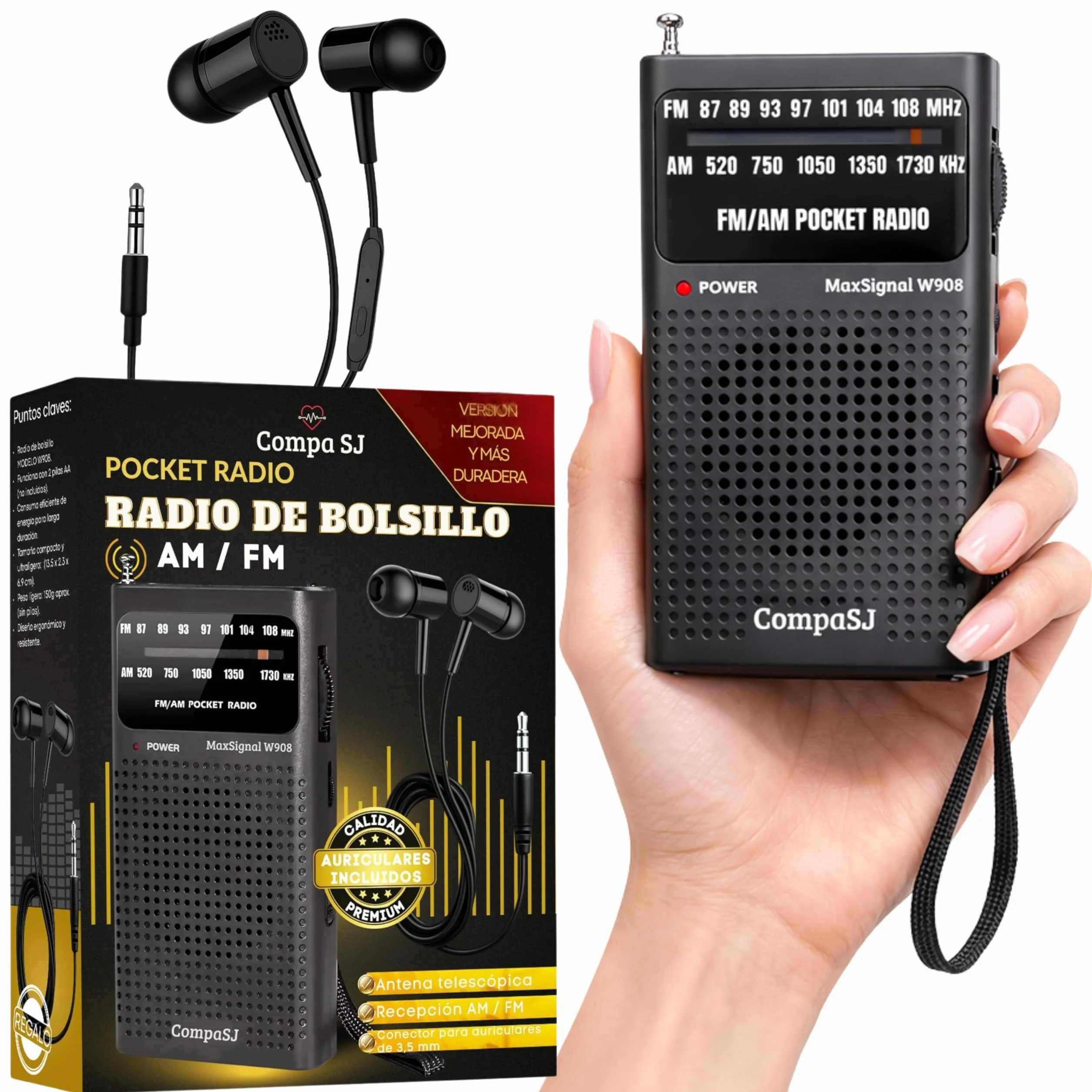 SUPER MAX Radio a Pilas Portátil Pequeña Am/FM Transistor Analógica de Bolsillo Fácil de Usar Señal Fuerte Kit Emergencia Entrada Auriculares Para Personas Mayores Familia Viajes AA Auriculares Regalo