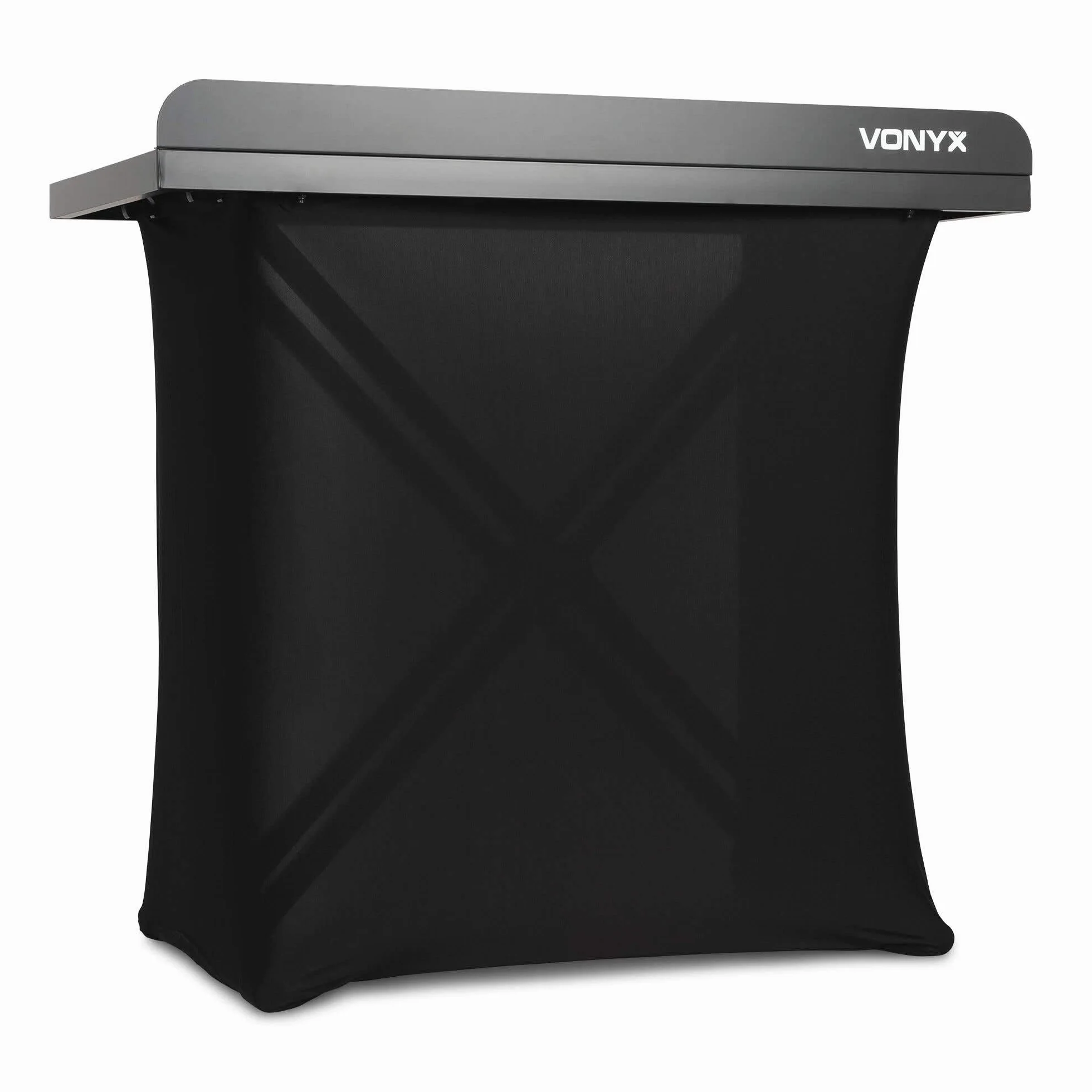 Vonyx DBE100 – Cabina DJ Plegable de 1 m de Ancho con Altura Regulable 80-99,2 cm, Mesa DJ portátil de Aluminio Negro con Lycra Negra ignífuga y Bolsa Transporte para DJ móvil