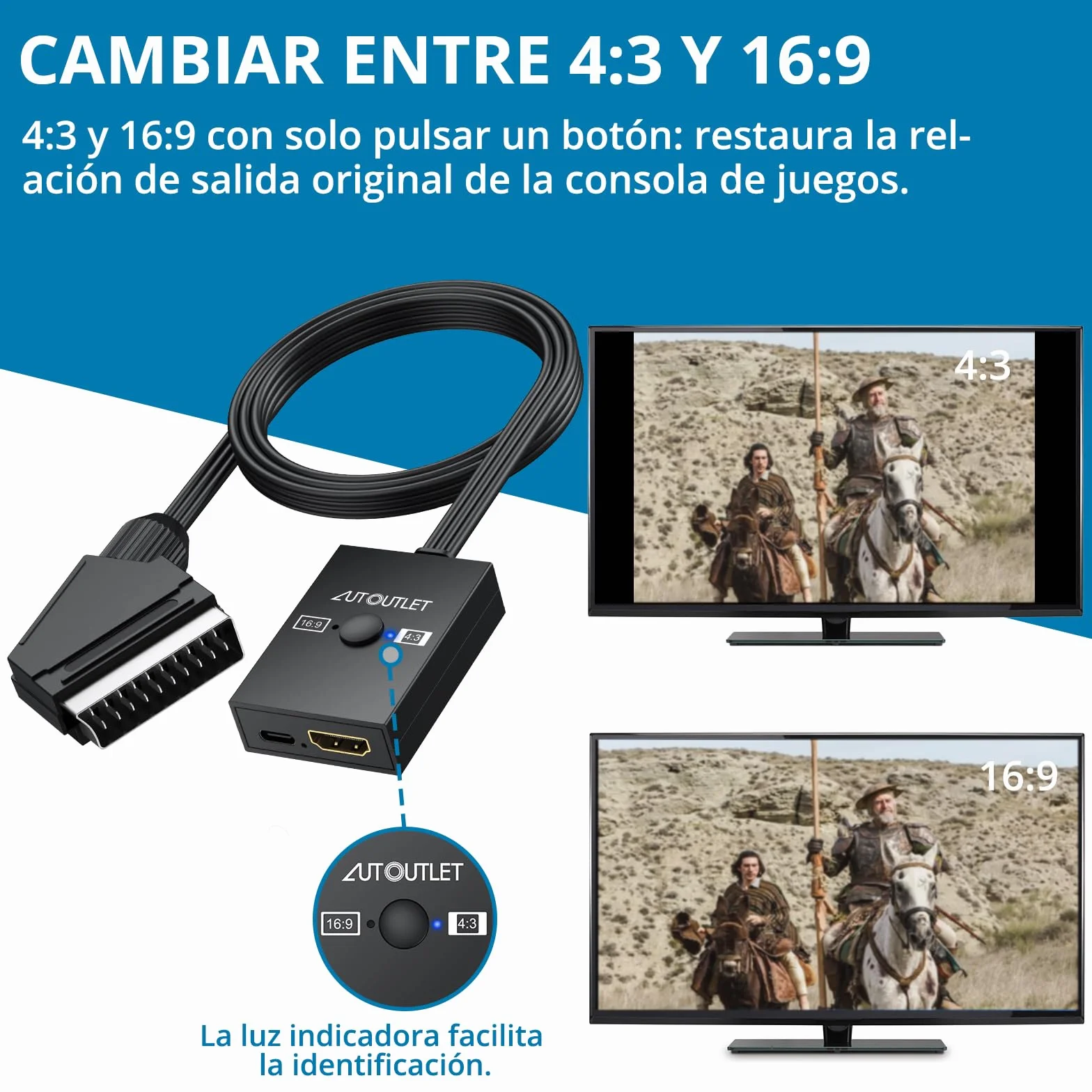 AUTOUTLET Adaptador Scart a HDMI, 16:9/4:3, Convertidor Euroconector a HDMI Conversión 1080P Compuesto CVBS AV A HDMI Video Audio Converter con Cable HDMI PAL/NTSC, para Reproductor de VCR, VHS y DVD