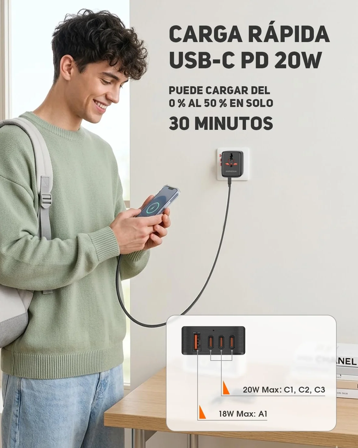 Adaptador Enchufe Universal, Internacional Adaptador de Viaje con 3 USB-C(PD 20W) y 1 USB-A, Enchufe Viaje para EU, UK, Americano, Japon, Australia, Negro