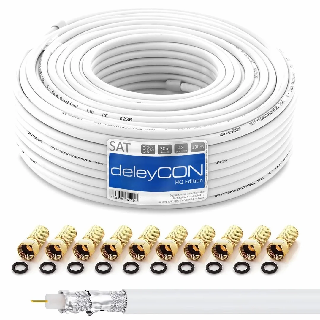 deleyCON Cable Coaxial SAT 130dB 4 Capas 30m DVB-S+S2 DVB-T DVB-C 4K HDTV 10 Conectores F Dorados