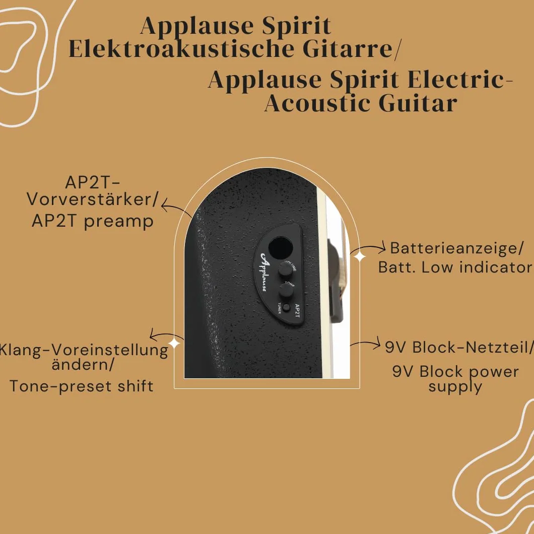 Applause Guitarra electroacústica Spirit - tapa de abeto seleccionada - cuerpo Lyrachord de profundidad media - Cutaway - Preamplificador AP2T + afinador - Natural - AAE-044-4S
