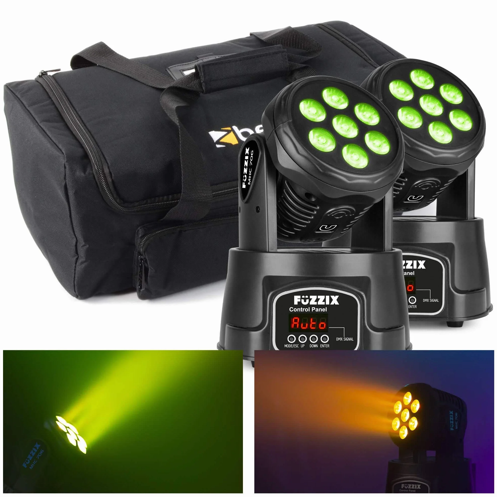 Fuzzix MHC706 juego 2 cabezas móviles LED RGBW con bolsa, 7 LED por unidad, haz 19°, modos DMX/auto/sonido, luces efecto wash compactas para DJ, fiestas o eventos