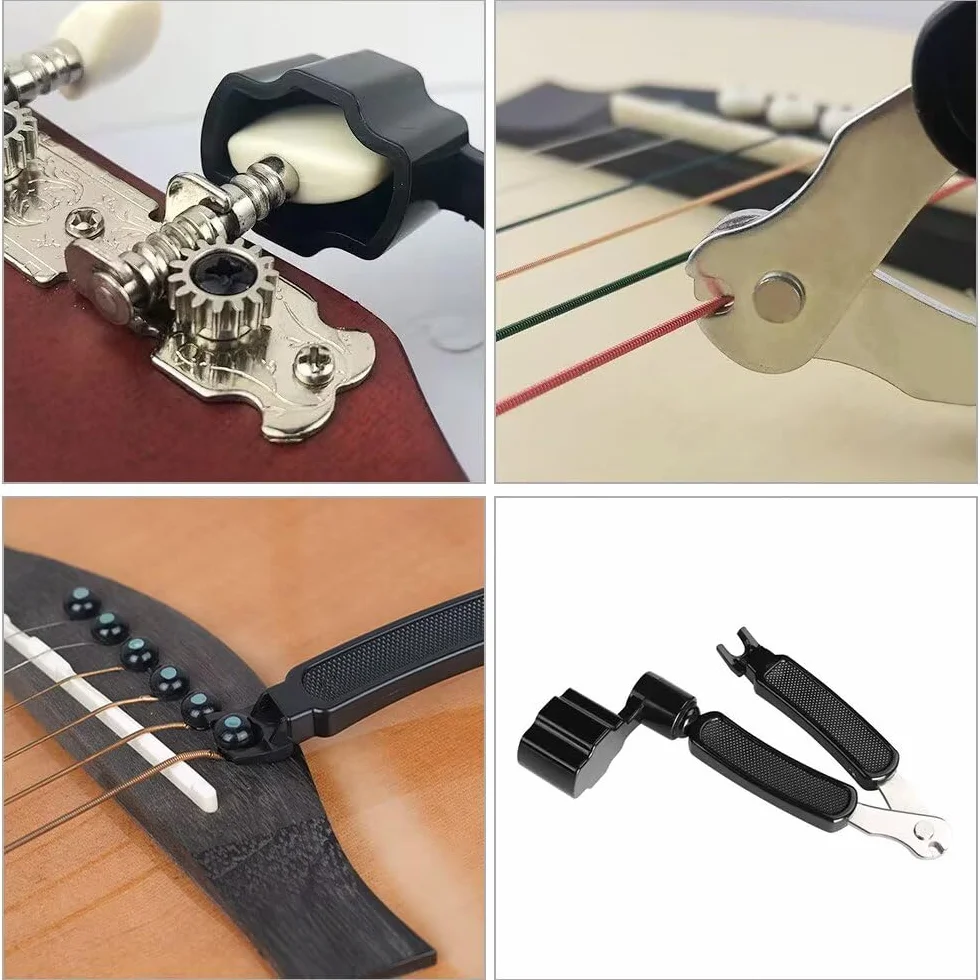 Cortador de cuerdas de guitarra y extractor de pines de puente, herramienta de mantenimiento multifuncional 3 en 1, accesorios de guitarra (negro)