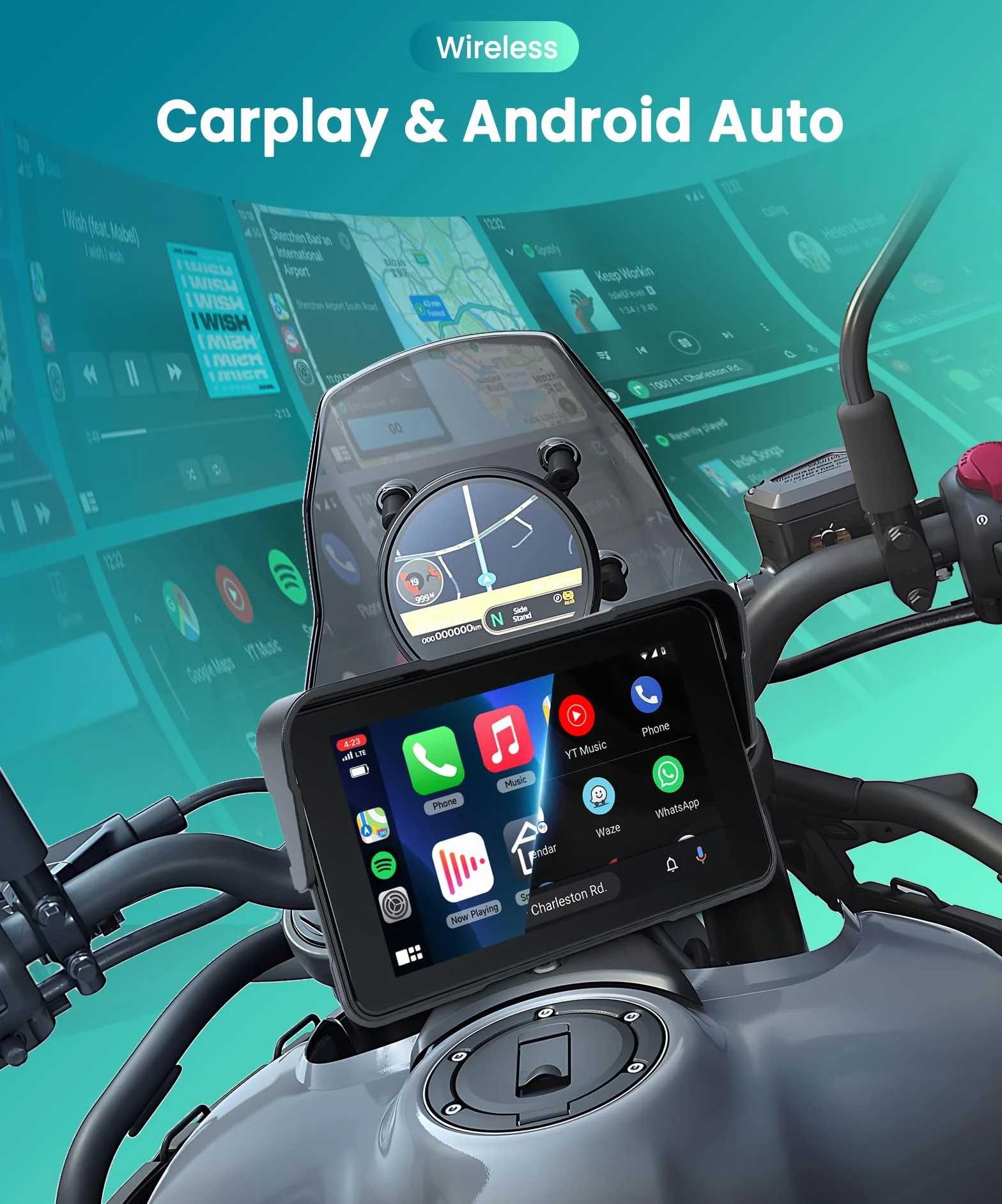 Navegación GPS Moto CarPlay y Android Auto Inalámbrico, Pantalla Táctil HD 5 Pulgadas IP68, Bluetooth